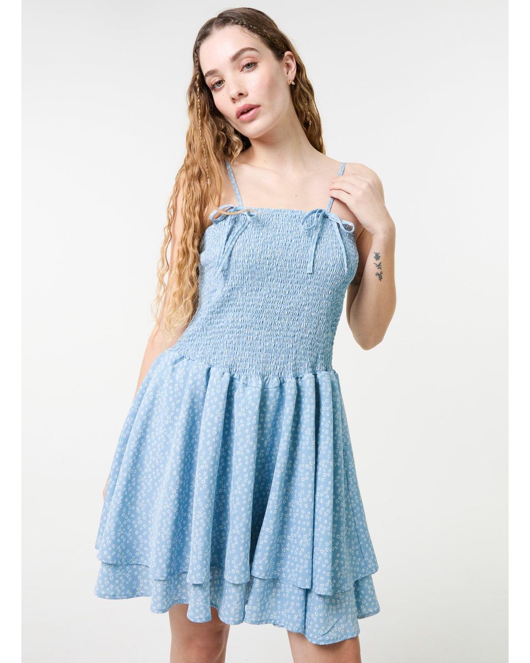 Pink Vanilla Blue Shirred Ruffle Mini Dress