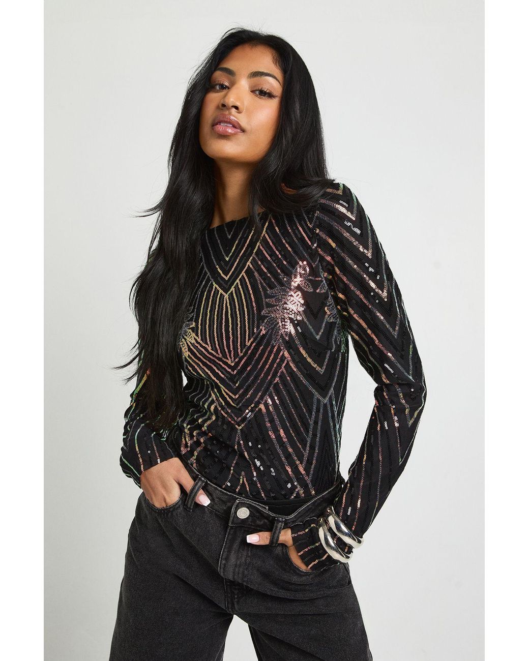 Boohoo Black Demask Sequin Backless Bodysuit