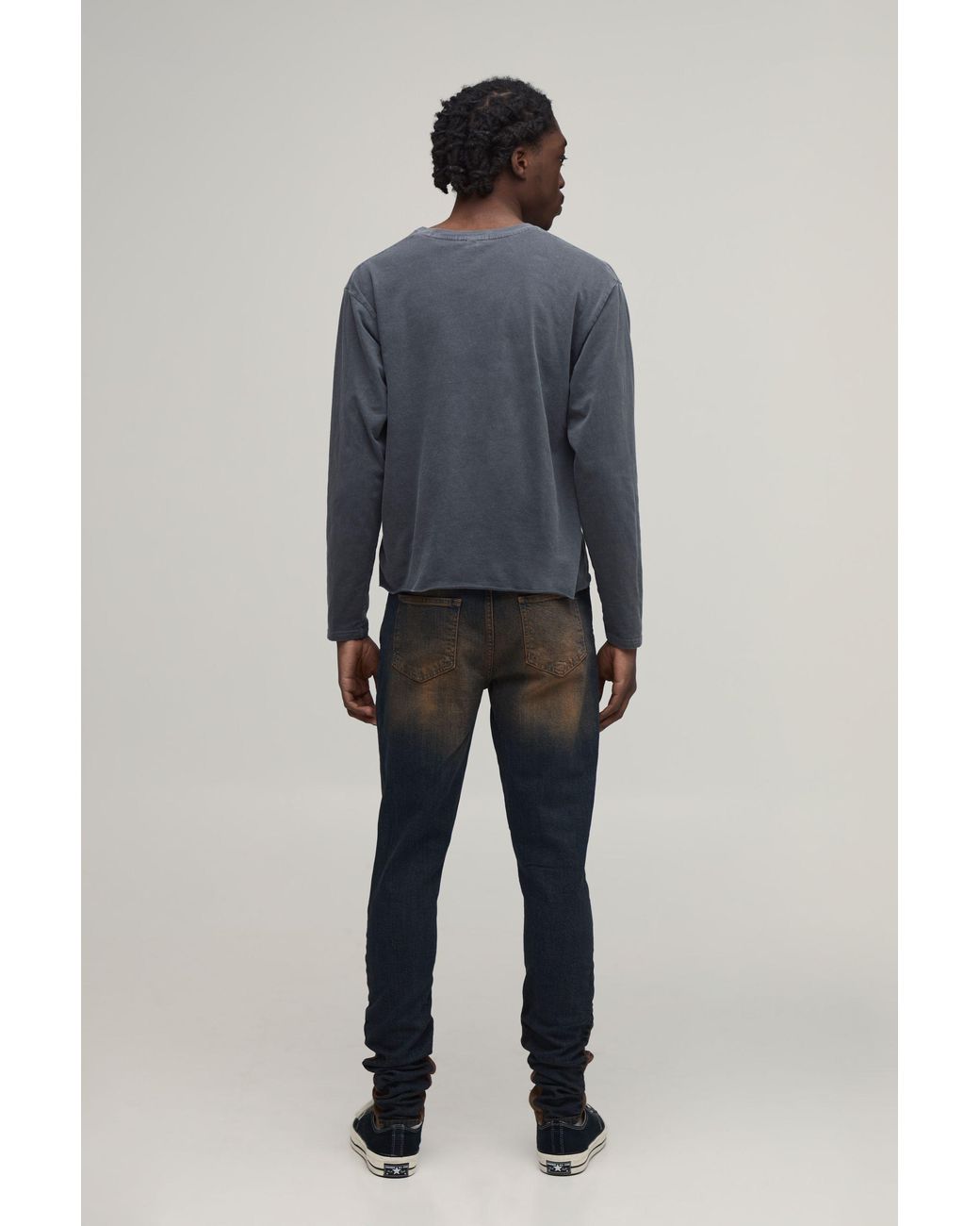 BoohooMAN Blue Crease Wash Ripped Knee Gusset Stacked Skinny Jeans for men