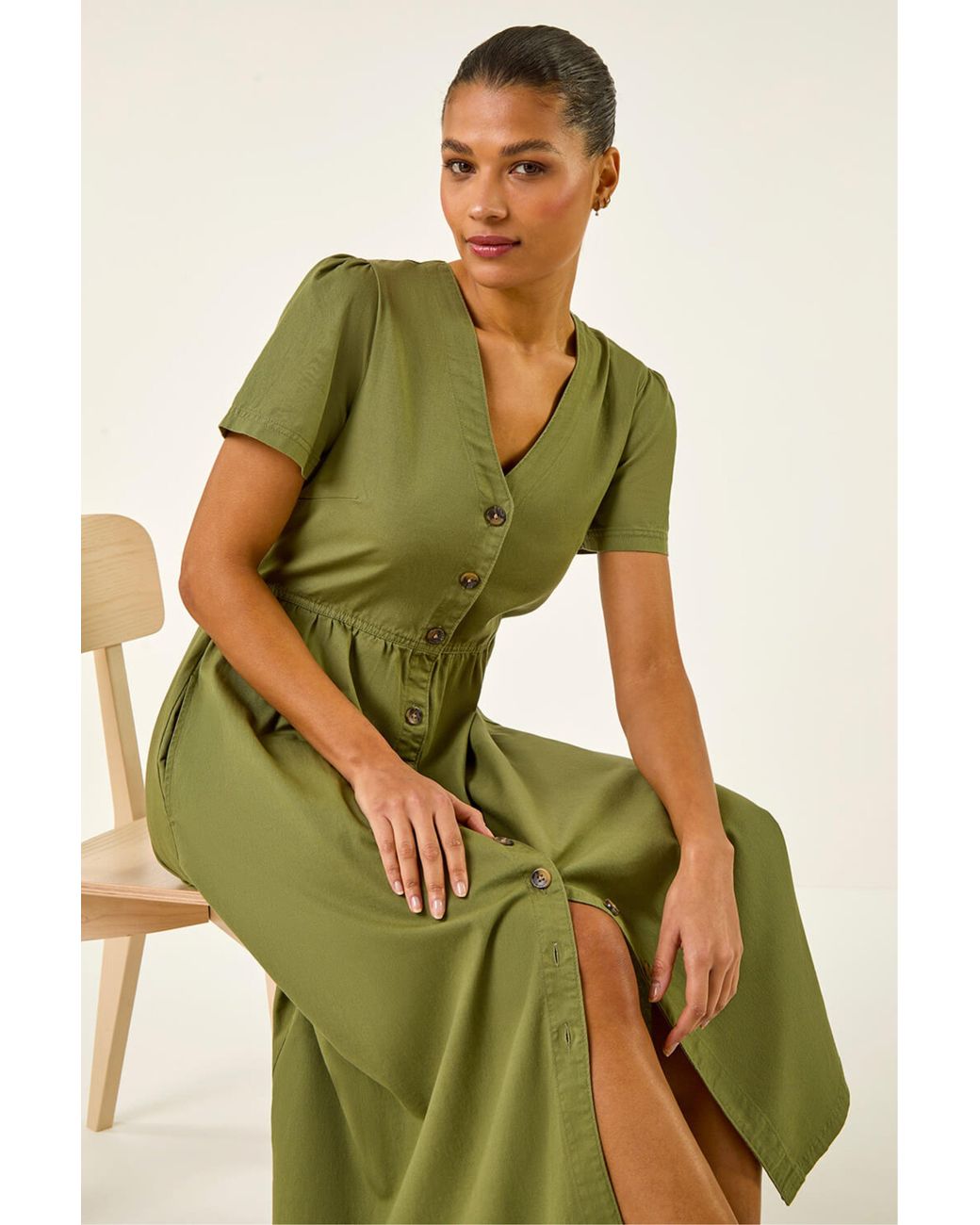 Roman Green Denim Button Through Midi Dress