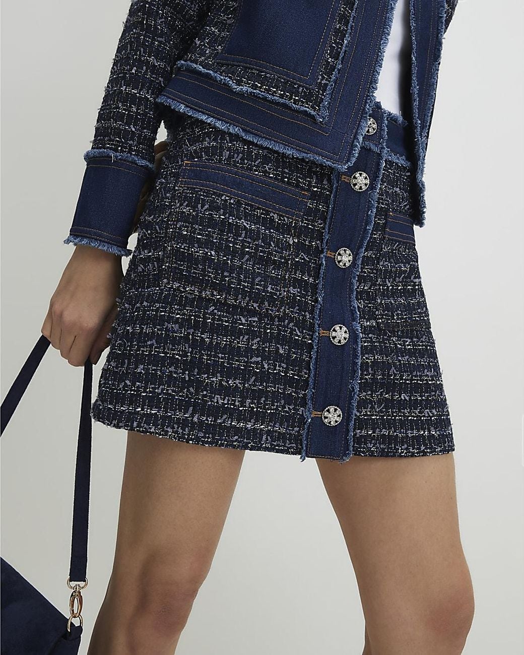 River Island Blue A-Line Mini Skirt Boucle Fabric Button Denim