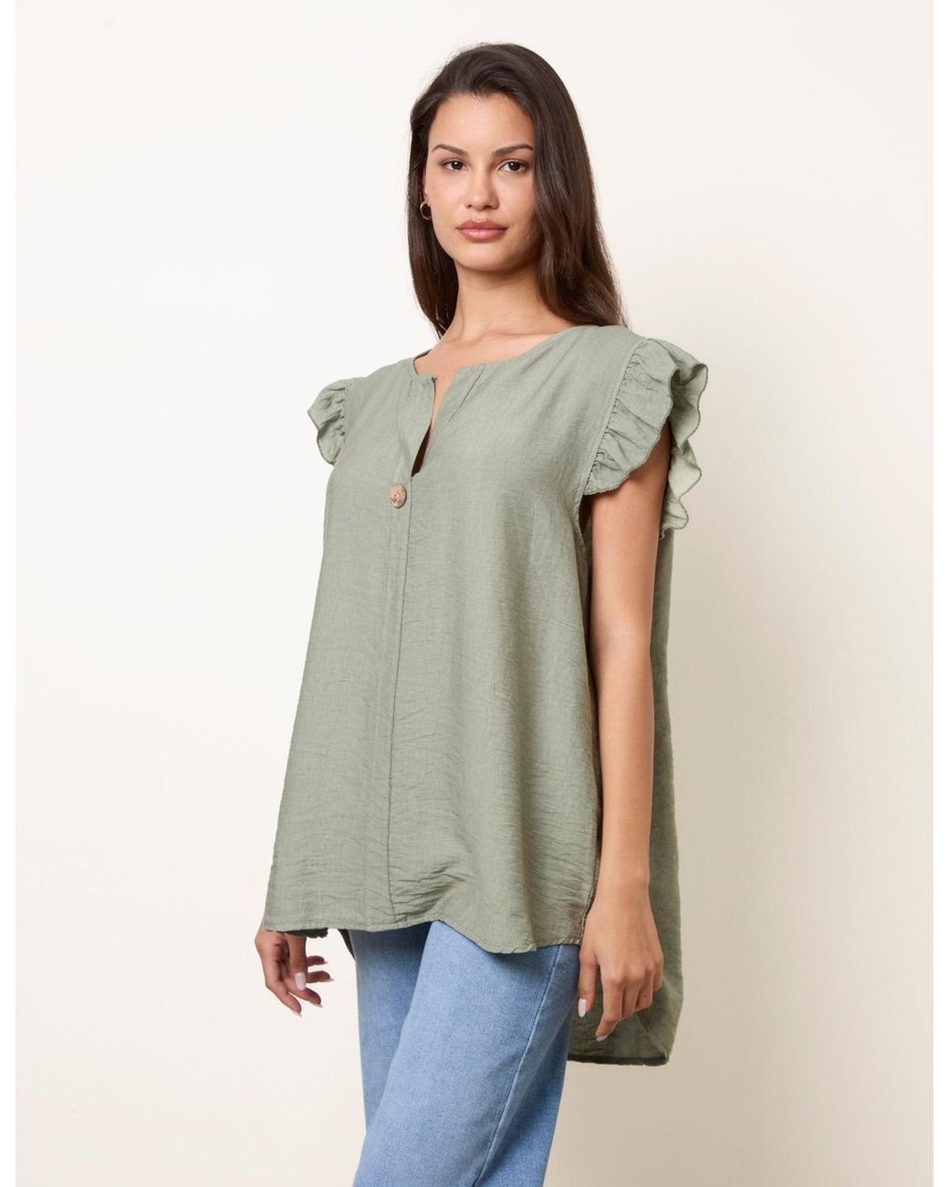 Blue Vanilla Natural One Button Frill Sleeve Top
