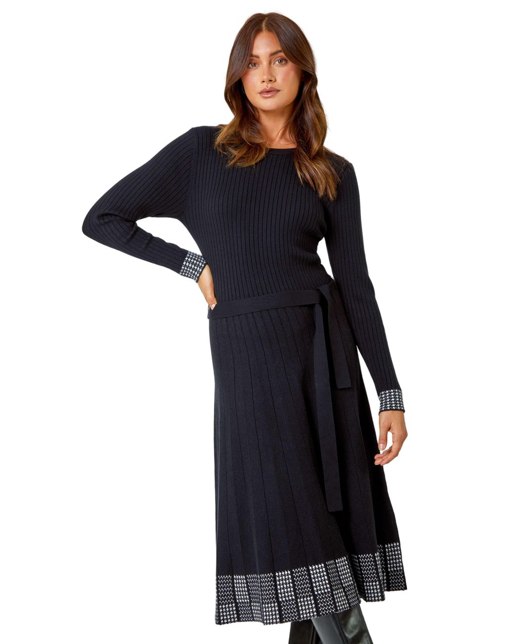 Roman Blue Ribbed Stretch Knit Border Print Dress