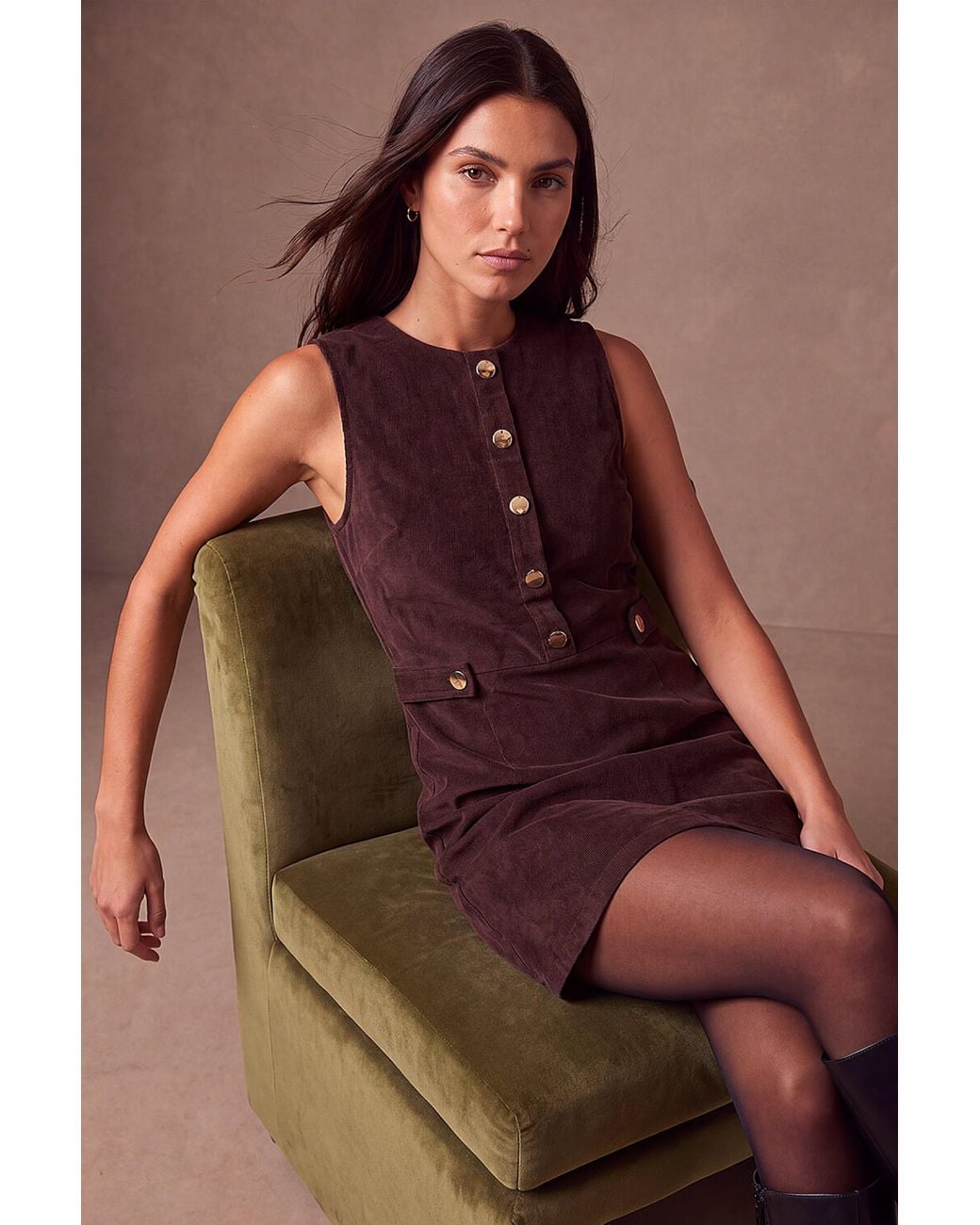 Roman Brown Cord Piny Mini Dress