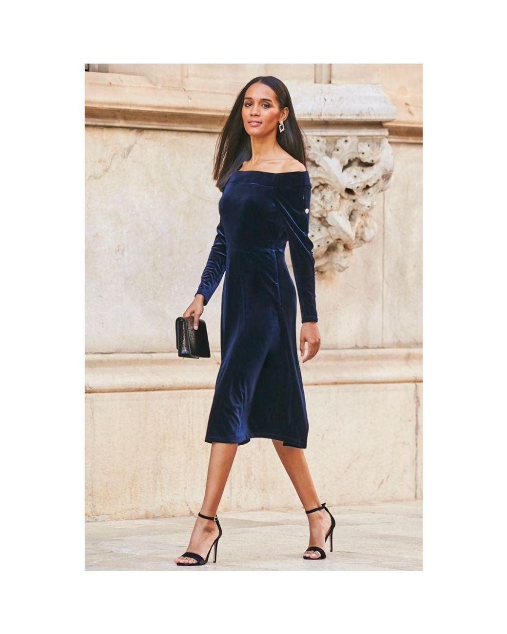 Sosandar Blue Midnight Velvet Embellished Sleeve Bardot Dress