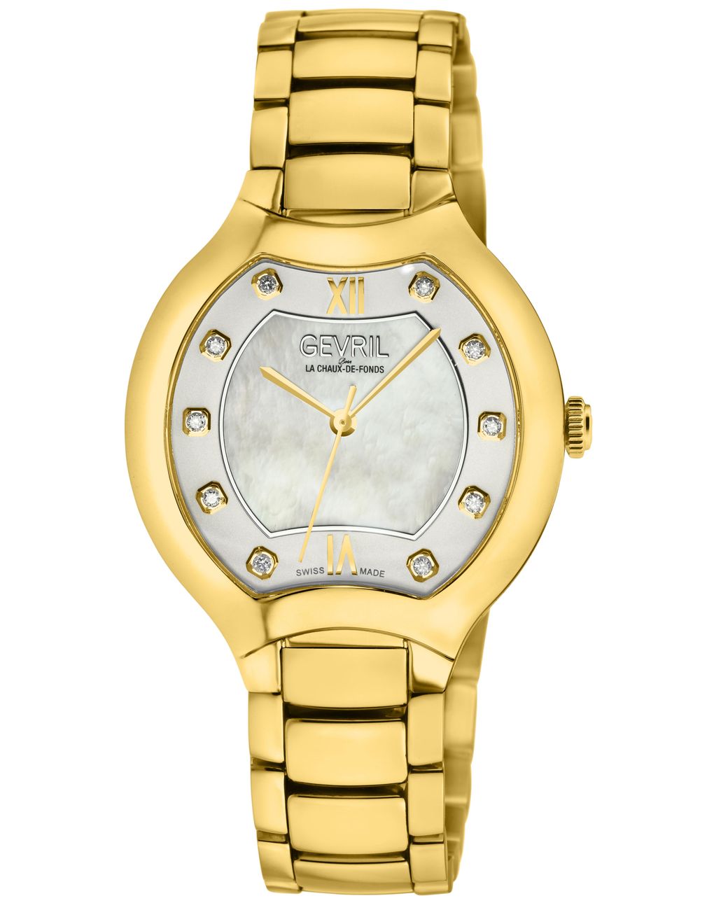 Gevril Metallic Lugano Swiss Diamond Mop Dial 316L Stainless Steel Ipyg Bracelet Watch