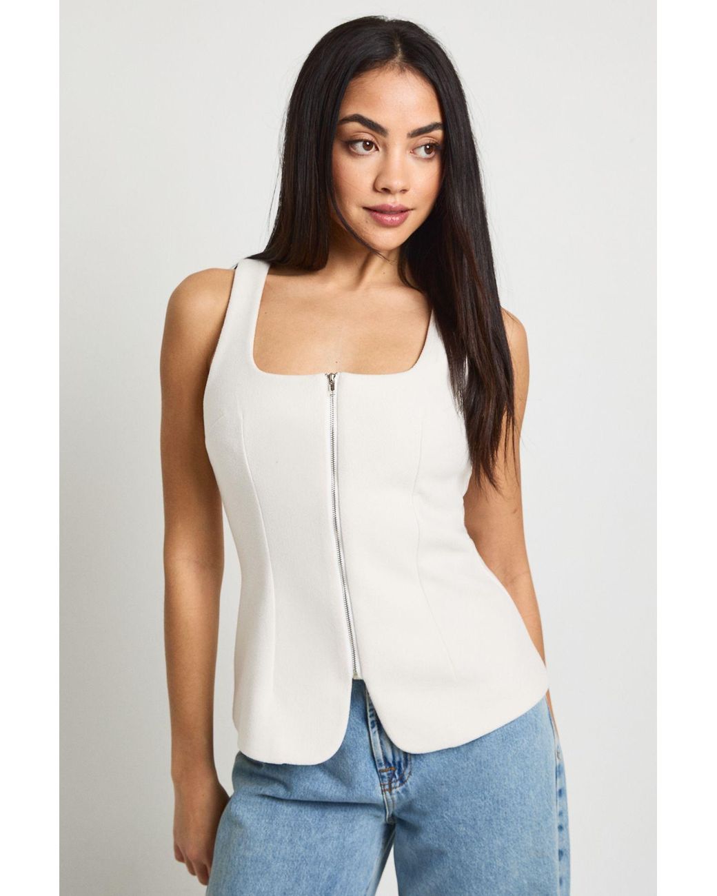 Boohoo White Wool Look Zip Front Longline Top