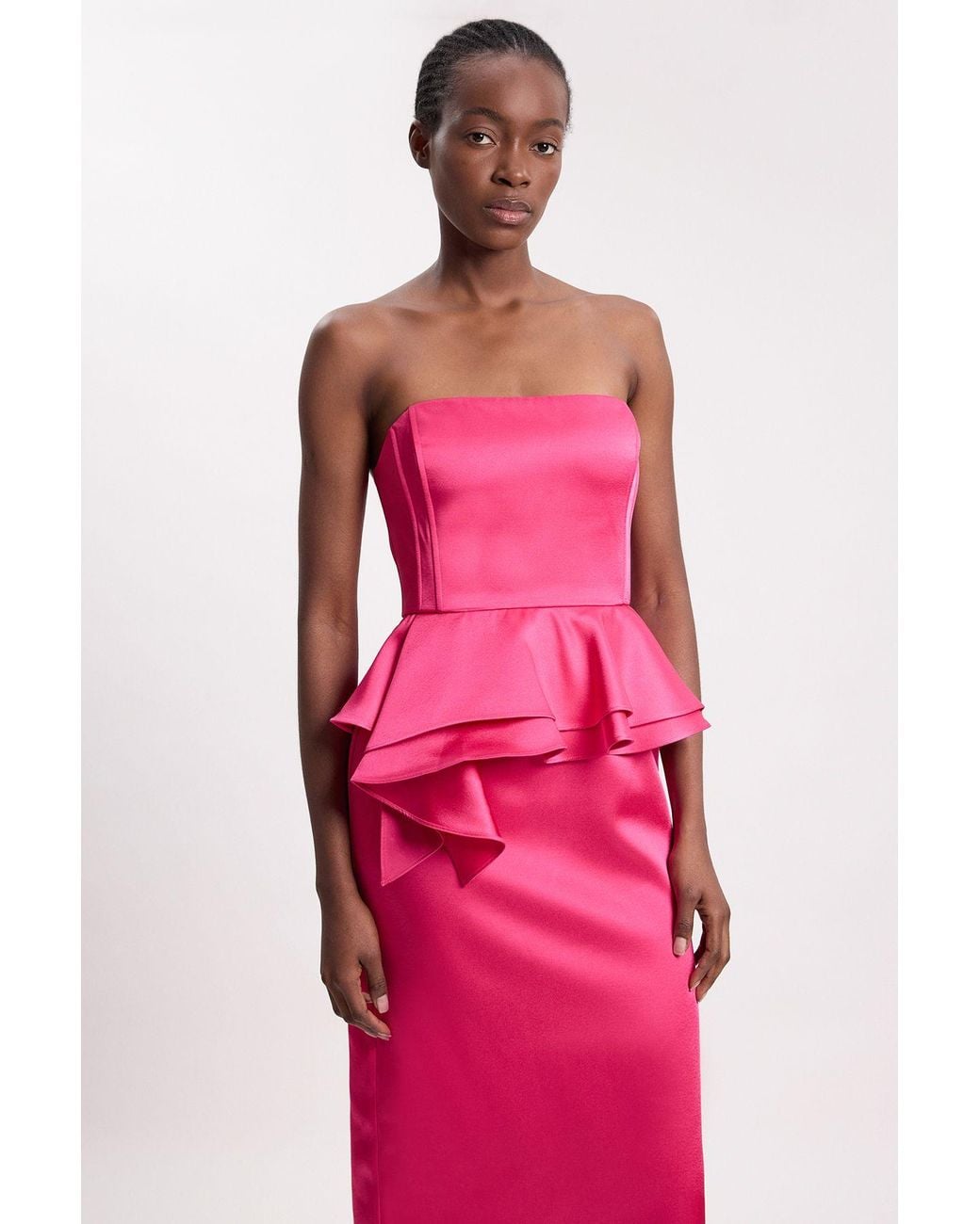 Karen Millen Pink Bonded Satin Peplum Pencil Woven Midi Dress