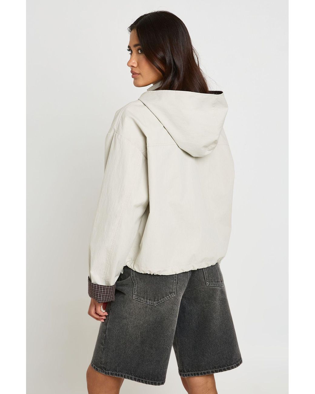 Boohoo Natural Check Lined Hooded Jacket