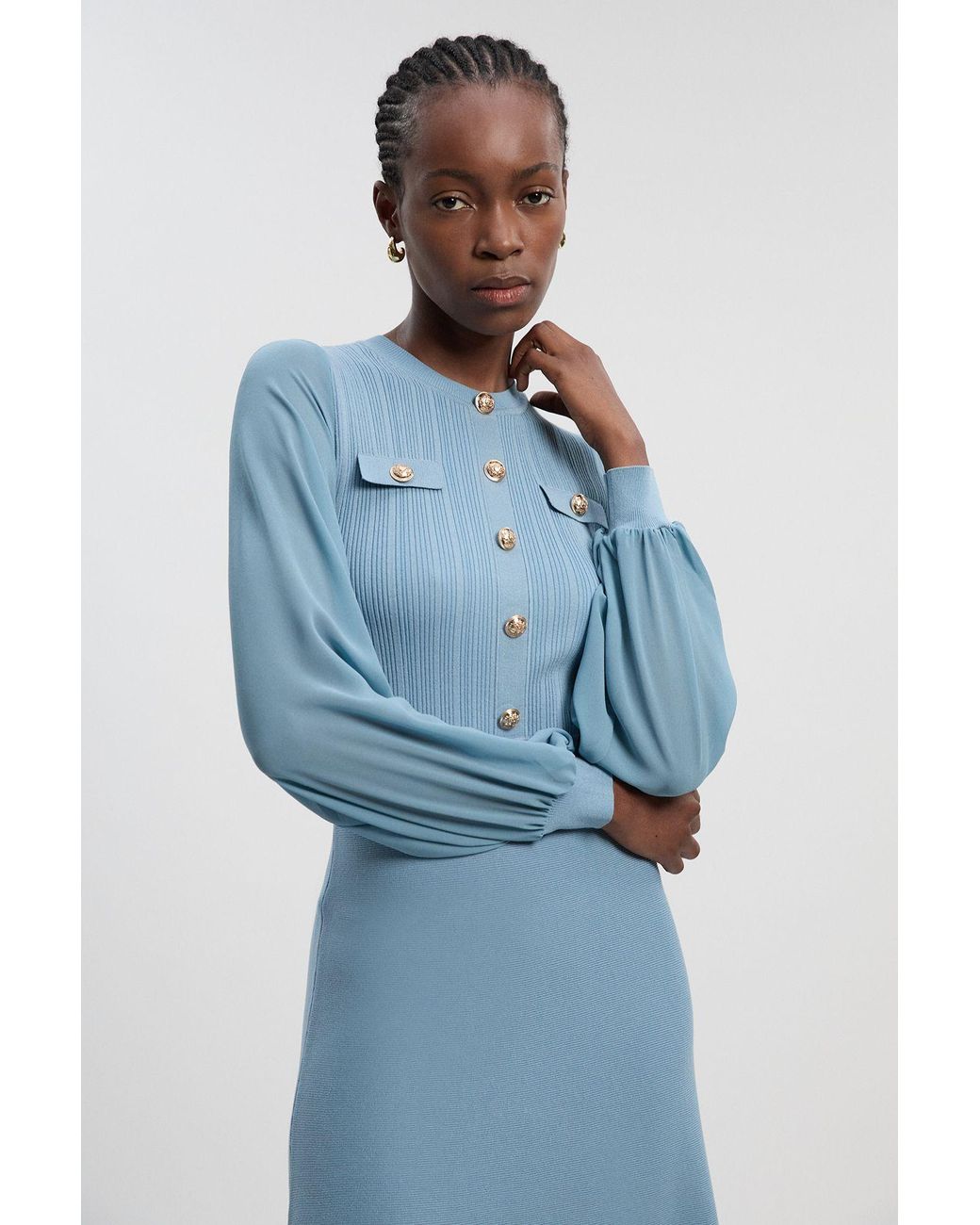 Karen Millen Viscose Blend Maxi Knit Dress With Chiffon Sleeve Military  Trim in Blue | Lyst UK