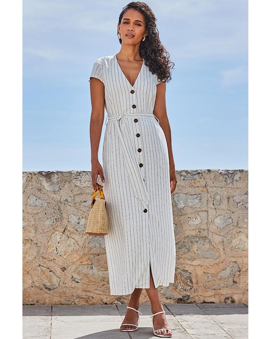 Sosandar Blue Ivory Linen Blend Pinstripe Belted Midi Dress