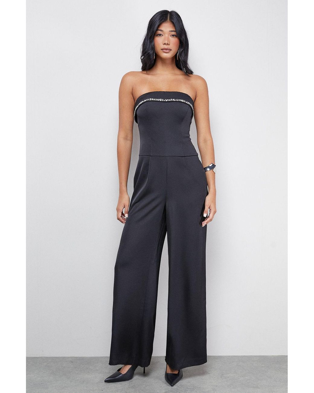Warehouse Blue Gem Embellished Satin Bandeau Jumpsuit