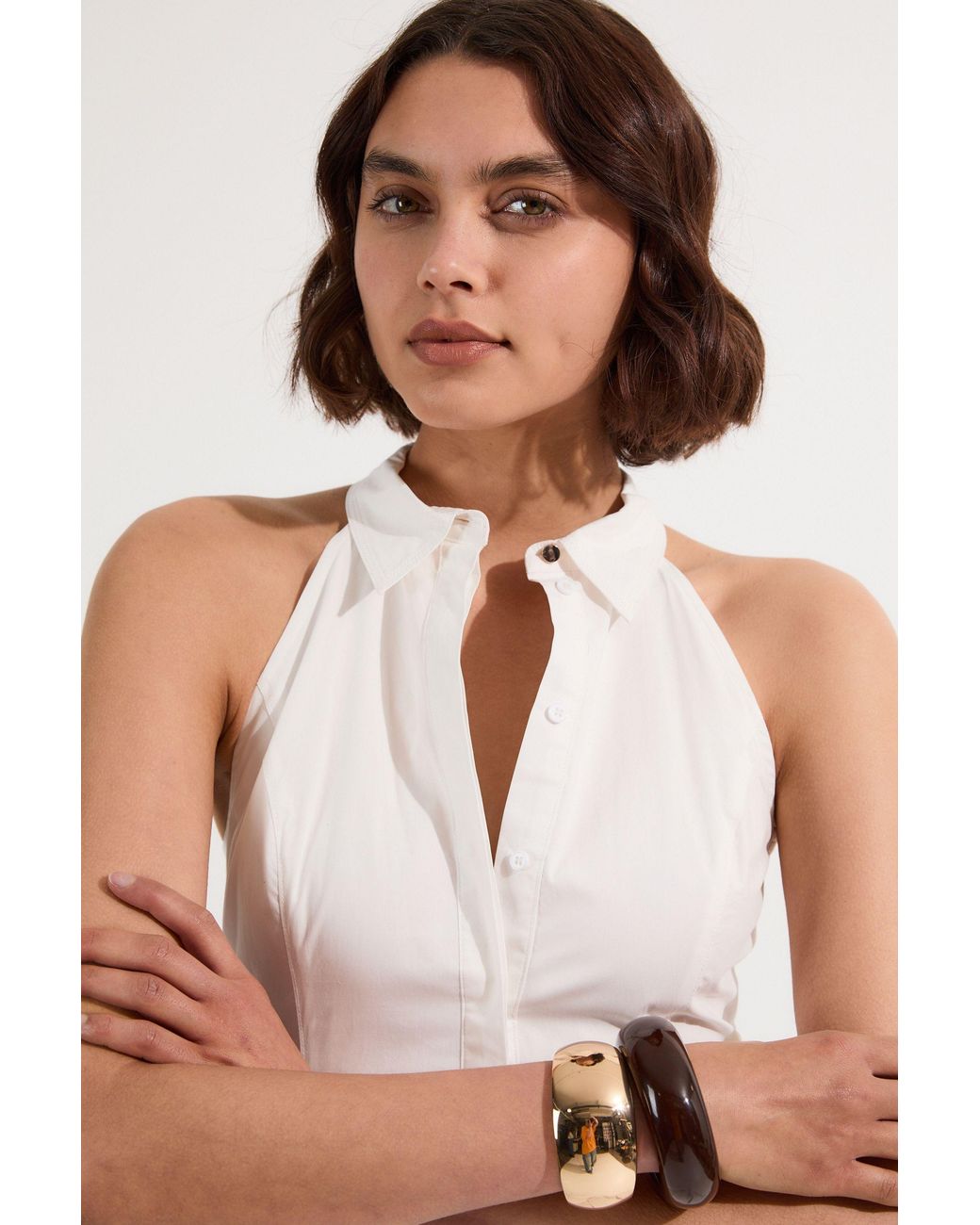 Karen Millen White Tall Cotton Collared Halter Neck Woven Midi Shirt Dress With Dropped Waist Detail