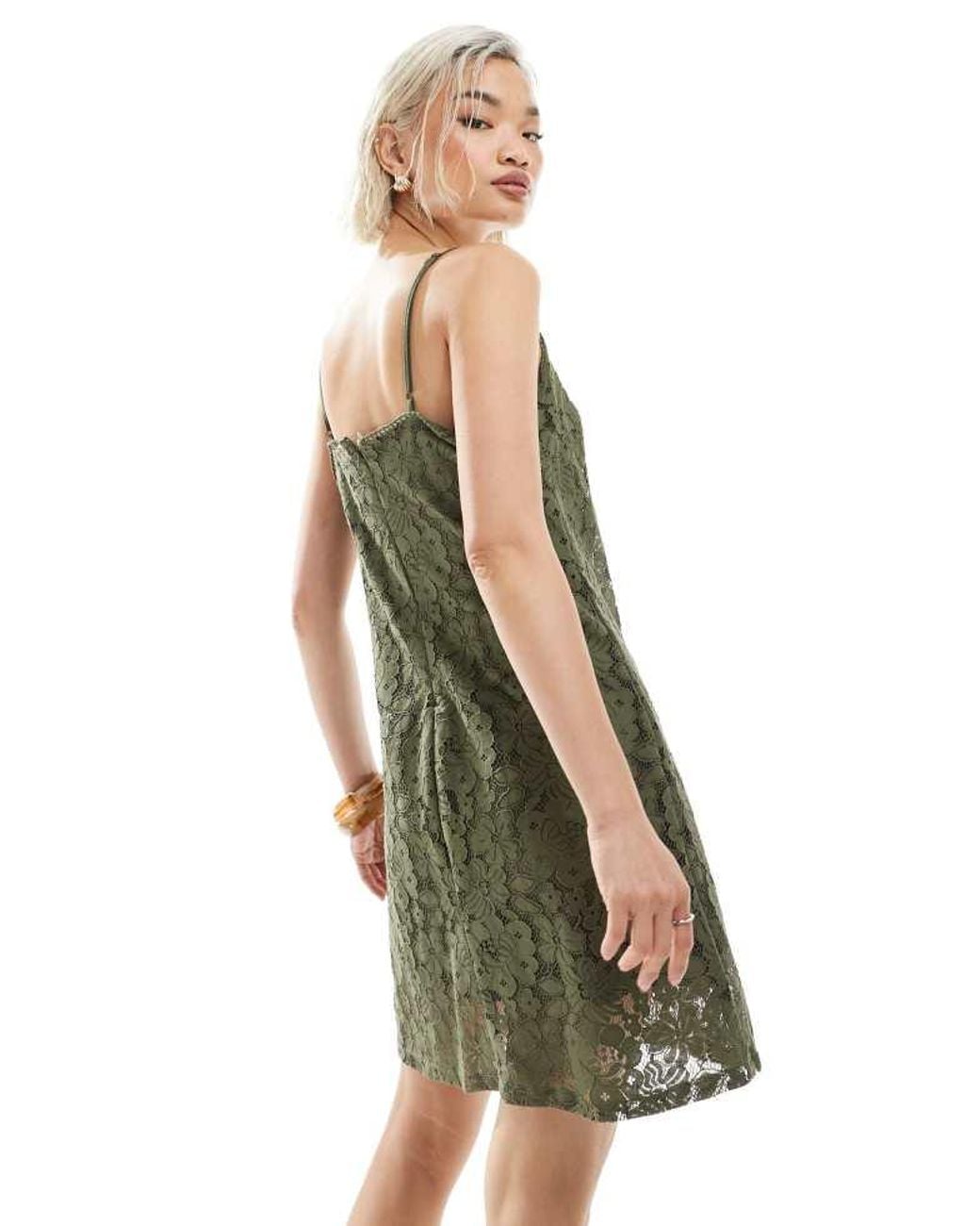 Vero Moda Green Square Neck Lace Cami Mini Dress