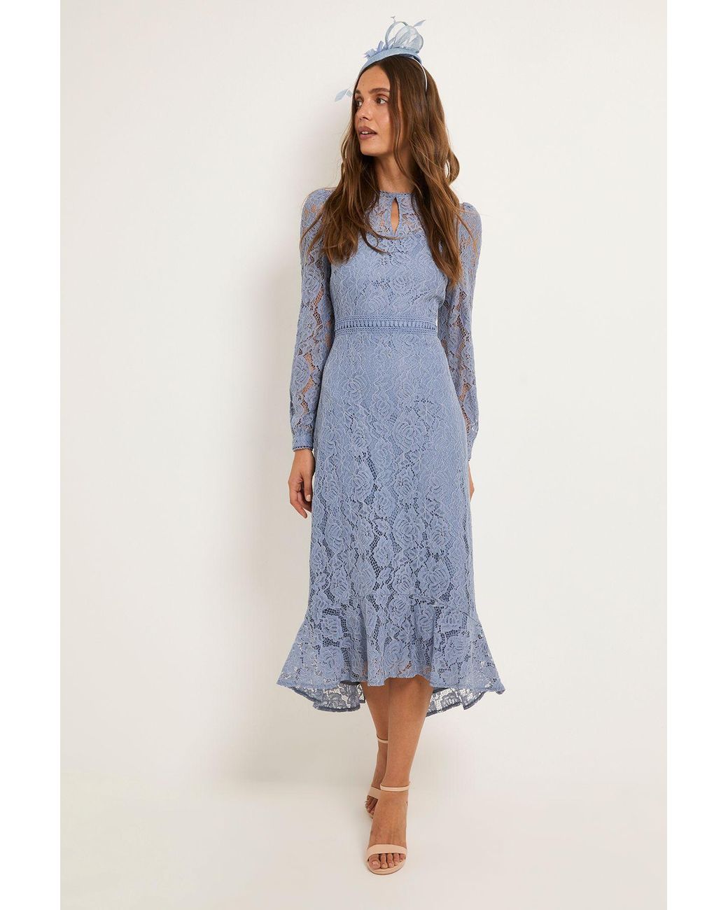 Wallis Blue Lace High Neck Ruffle Midi Dress