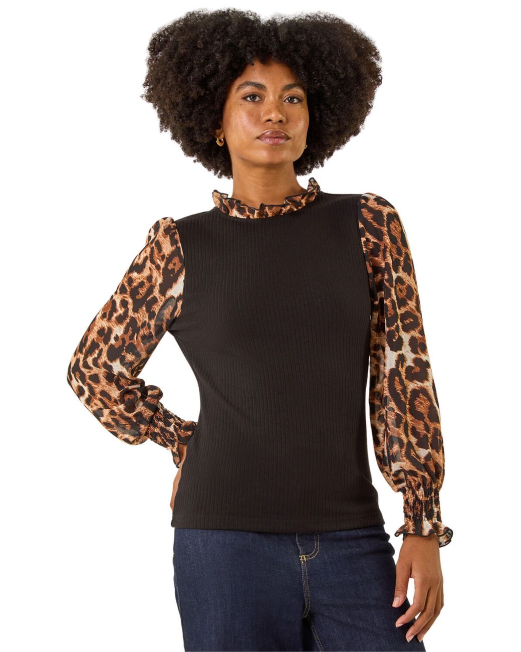 Roman Black Animal Print Sleeve Stretch Top