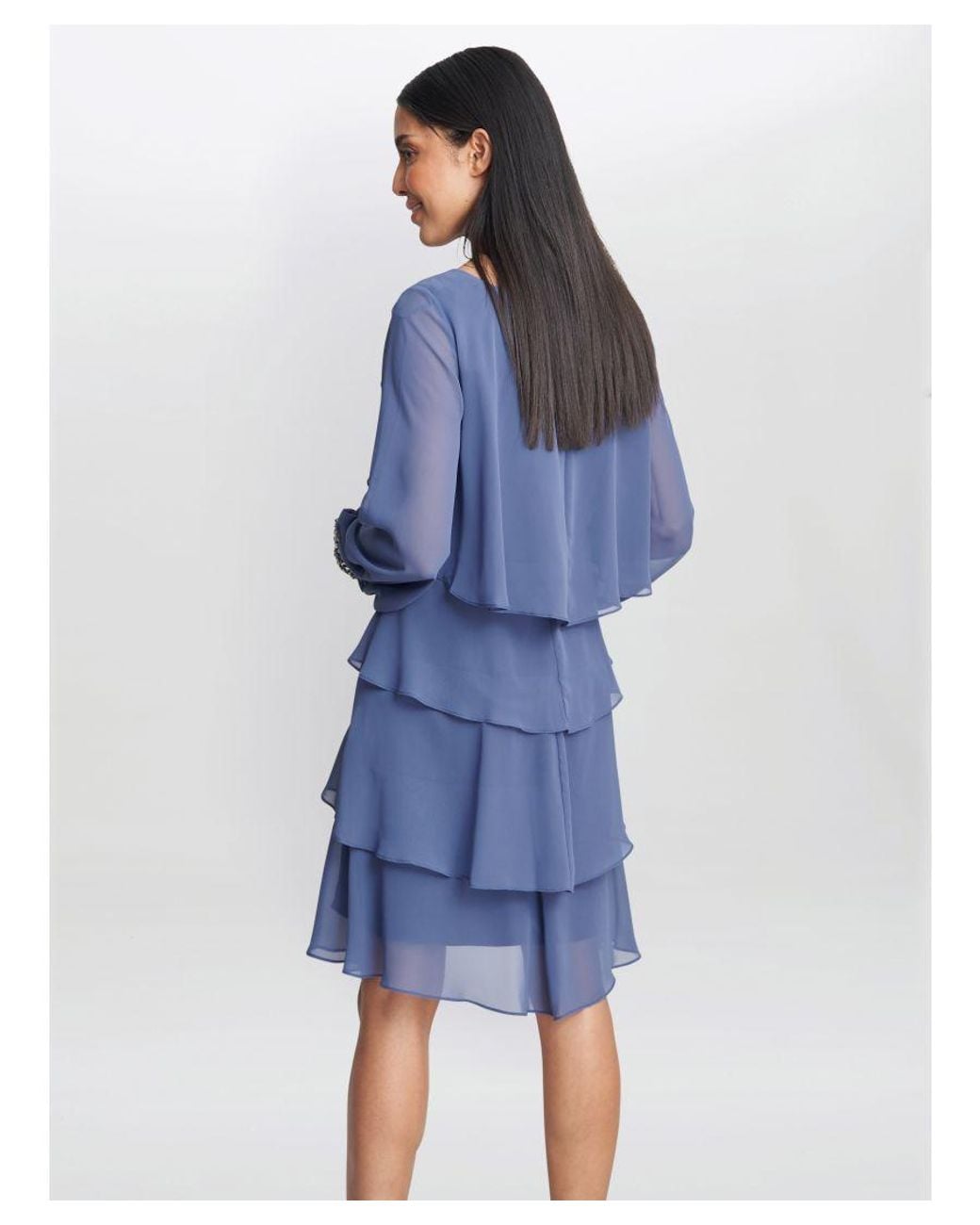 Gina Bacconi Blue Sakura Long Sleeved Tiered Dress With Rhinestone Beading