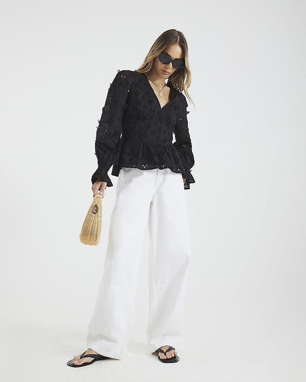 River Island White Peplum Top Long Sleeve Broderie Cotton