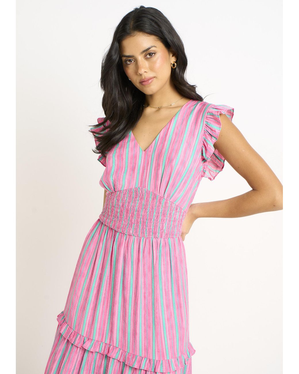 Gini London Pink Summer Stripe Shirred Waist Maxi Dress