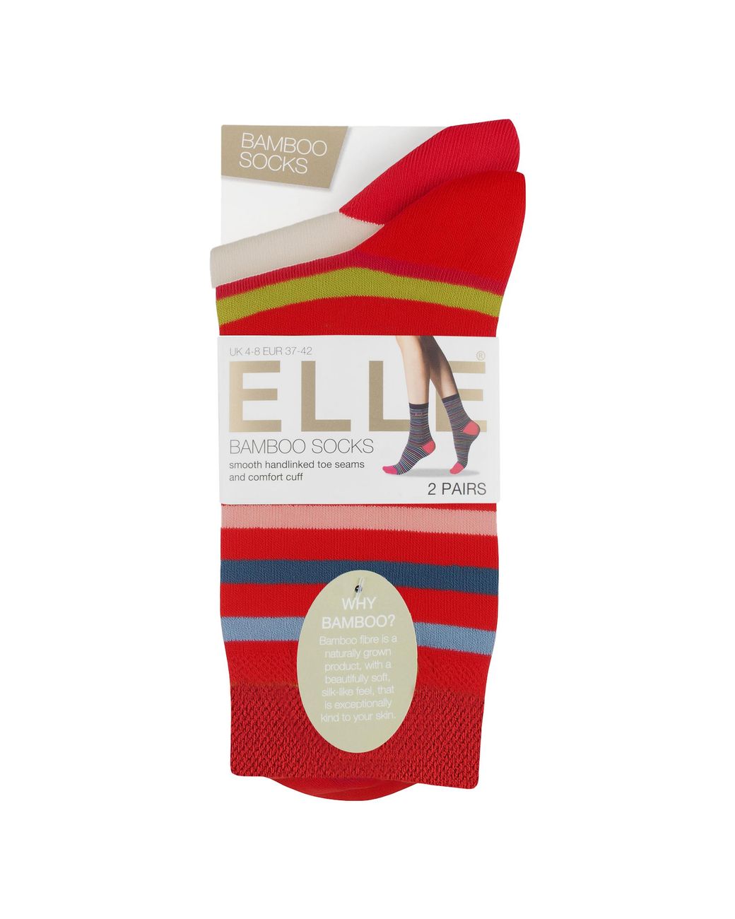 Elle Red 2 Pack Ladies Striped And Plain Bamboo Socks