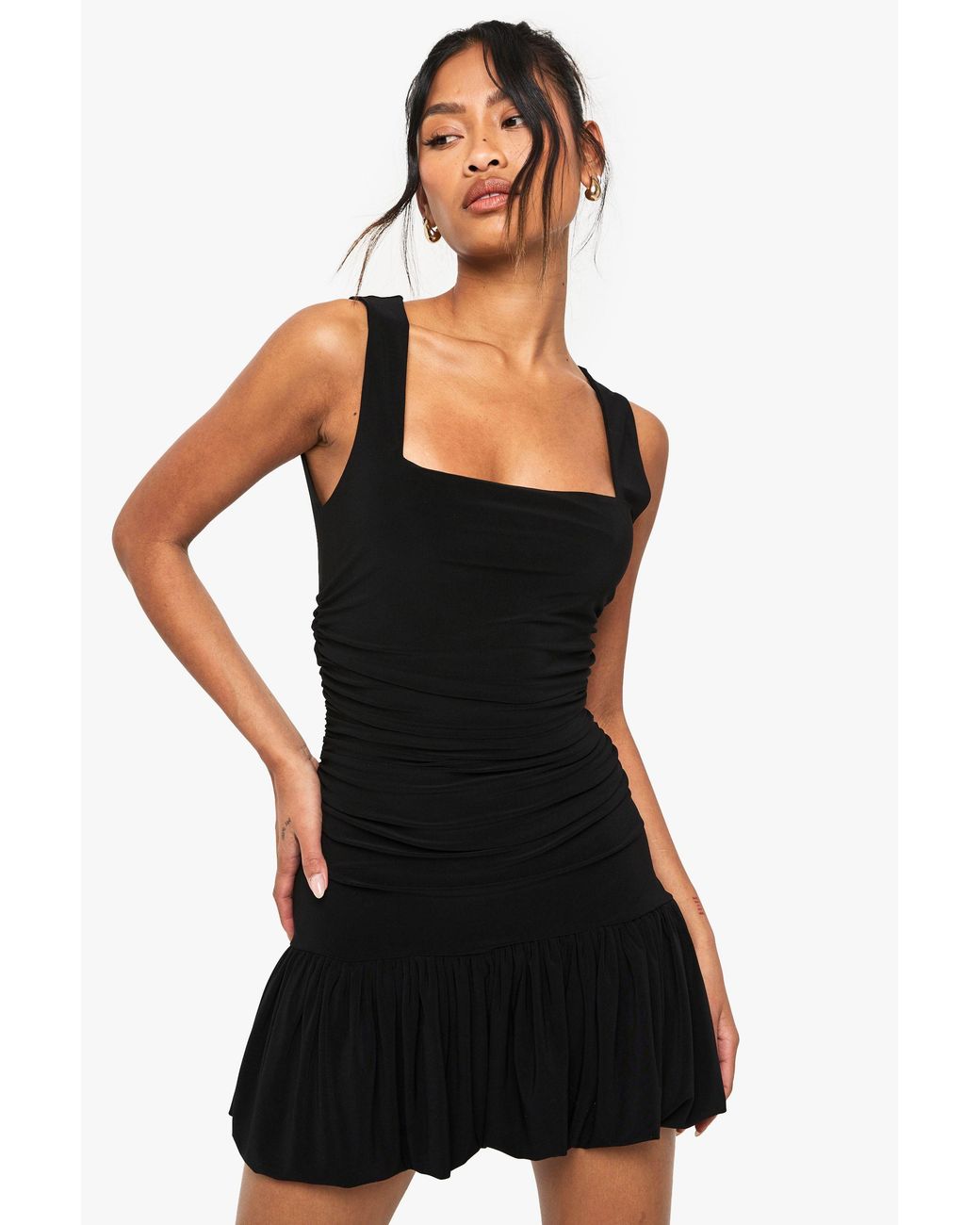 Boohoo Black Slinky Square Neck Ruched Detail Pleated Mini Dress