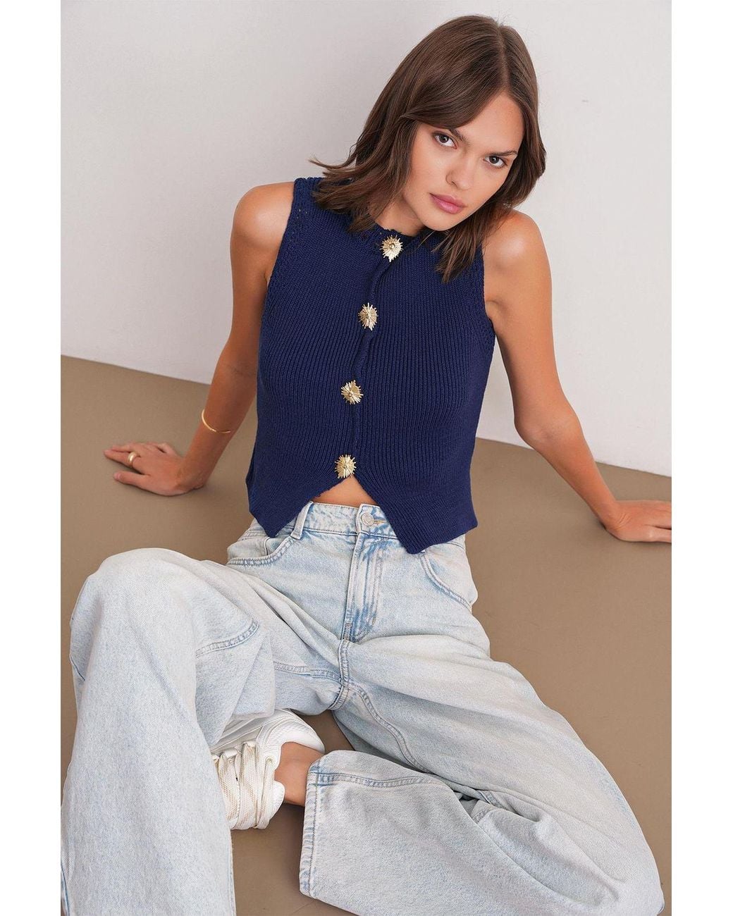MixRay Blue Textured Knit Crop Top With Button Details