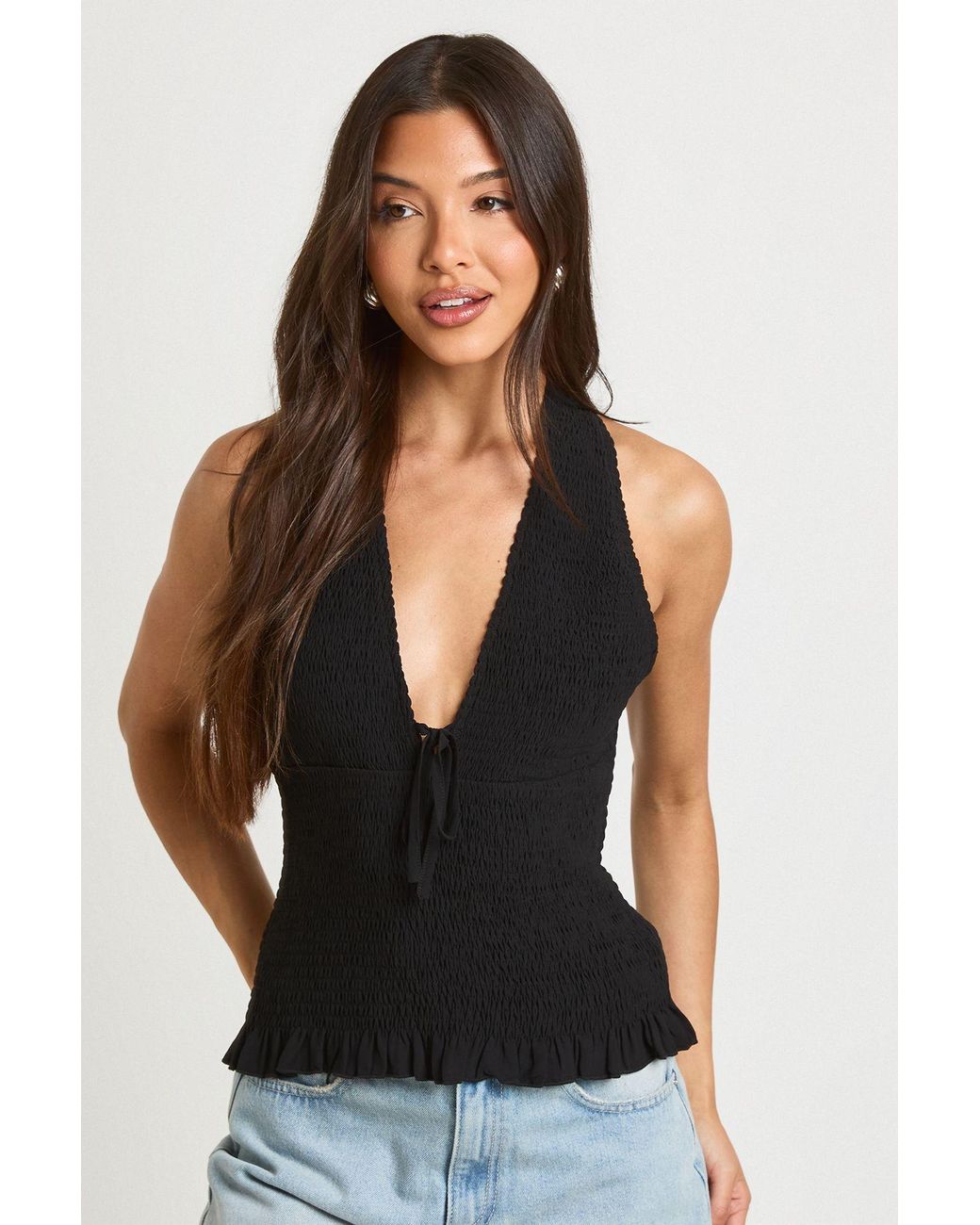 Boohoo Black Tie Front Shirred Halterneck Top