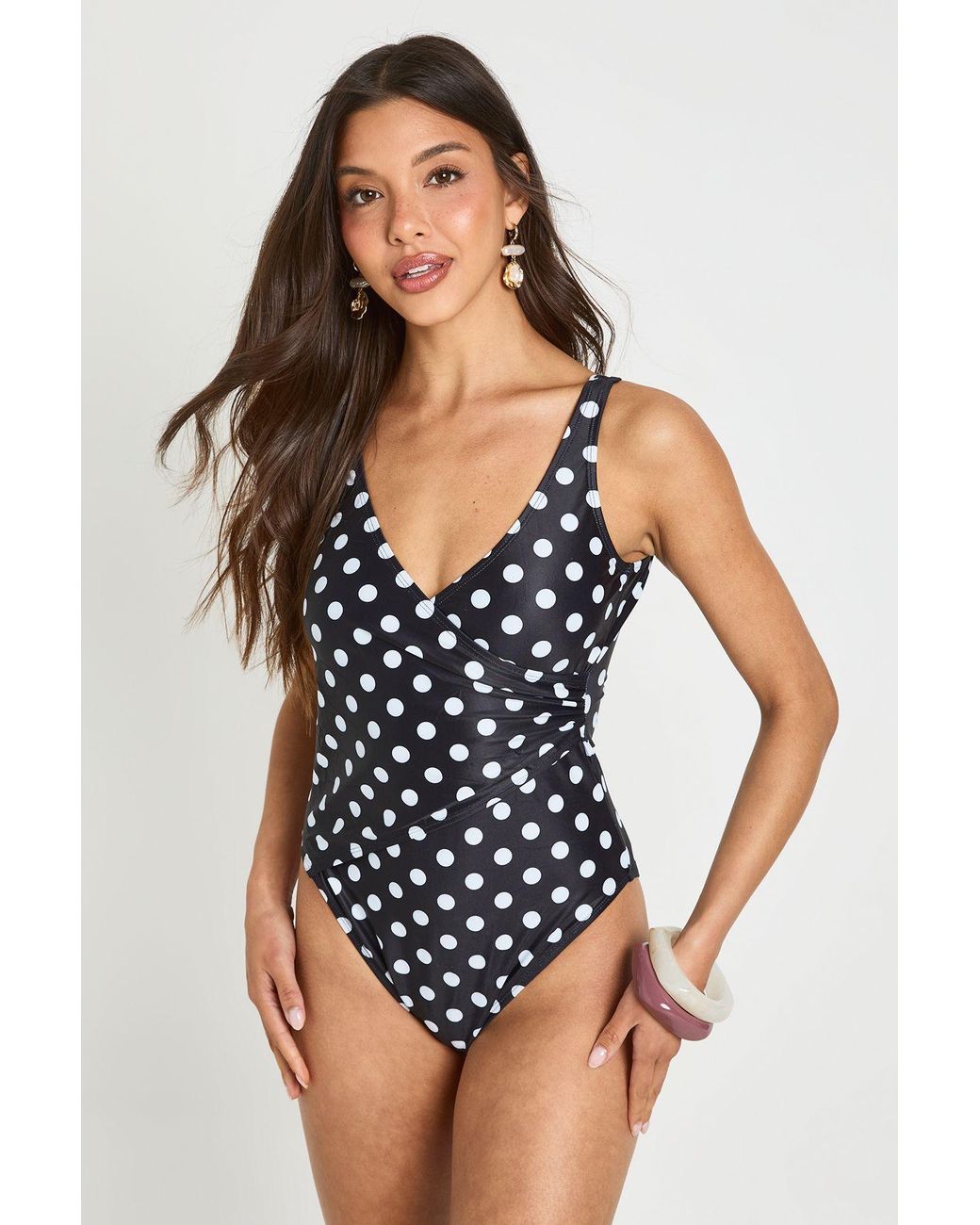 Boohoo Blue Polka Dot Tummy Control Wrap Detail Swimsuit