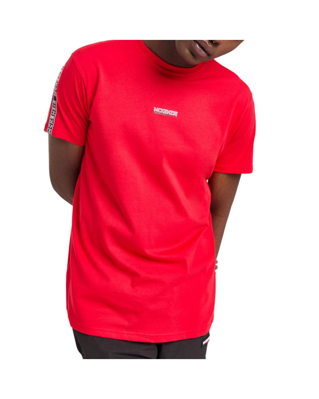 McKenzie Red T Shirts Logo Tape Crew Neck Short Sleeve Summer Cotton T-Shirt for men