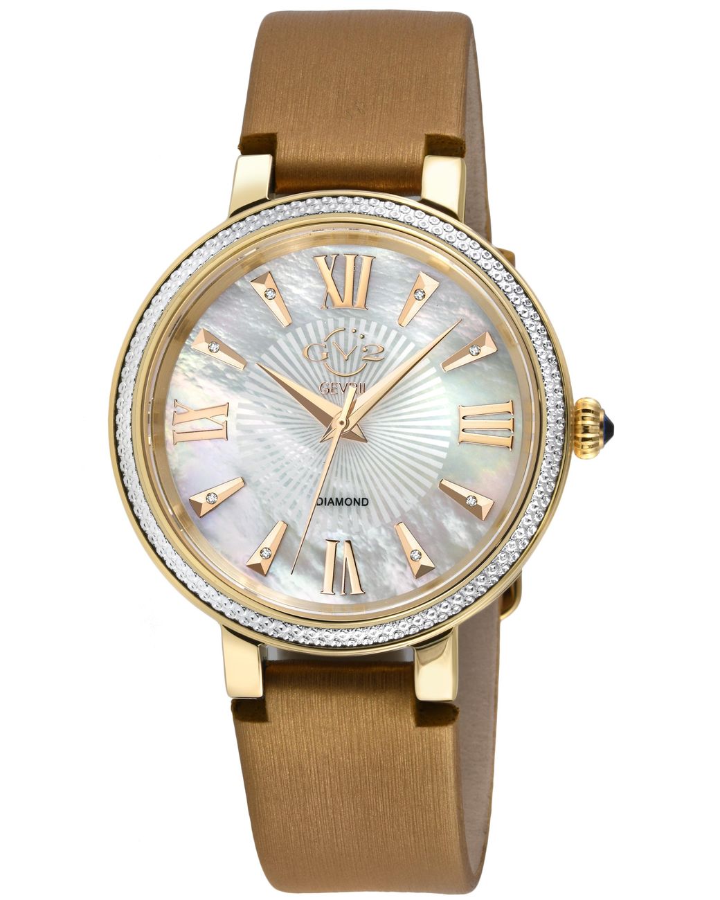 Gv2 Metallic Genoa 12532S Swiss Quartz Mother Of Pearl Diamond Leather Watch Stainless Steel
