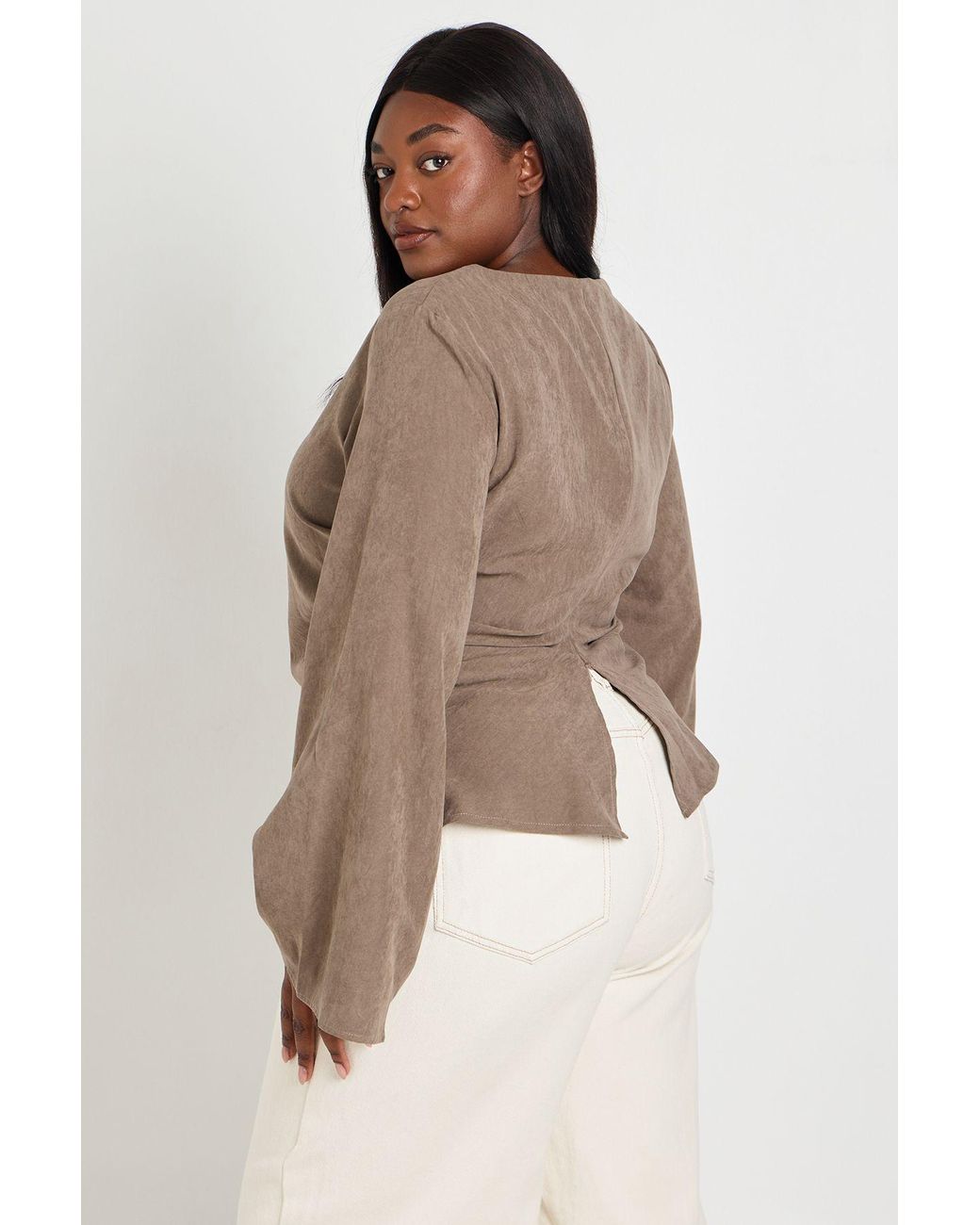 Boohoo Natural Plus Ruched Flared Long Sleeve Top