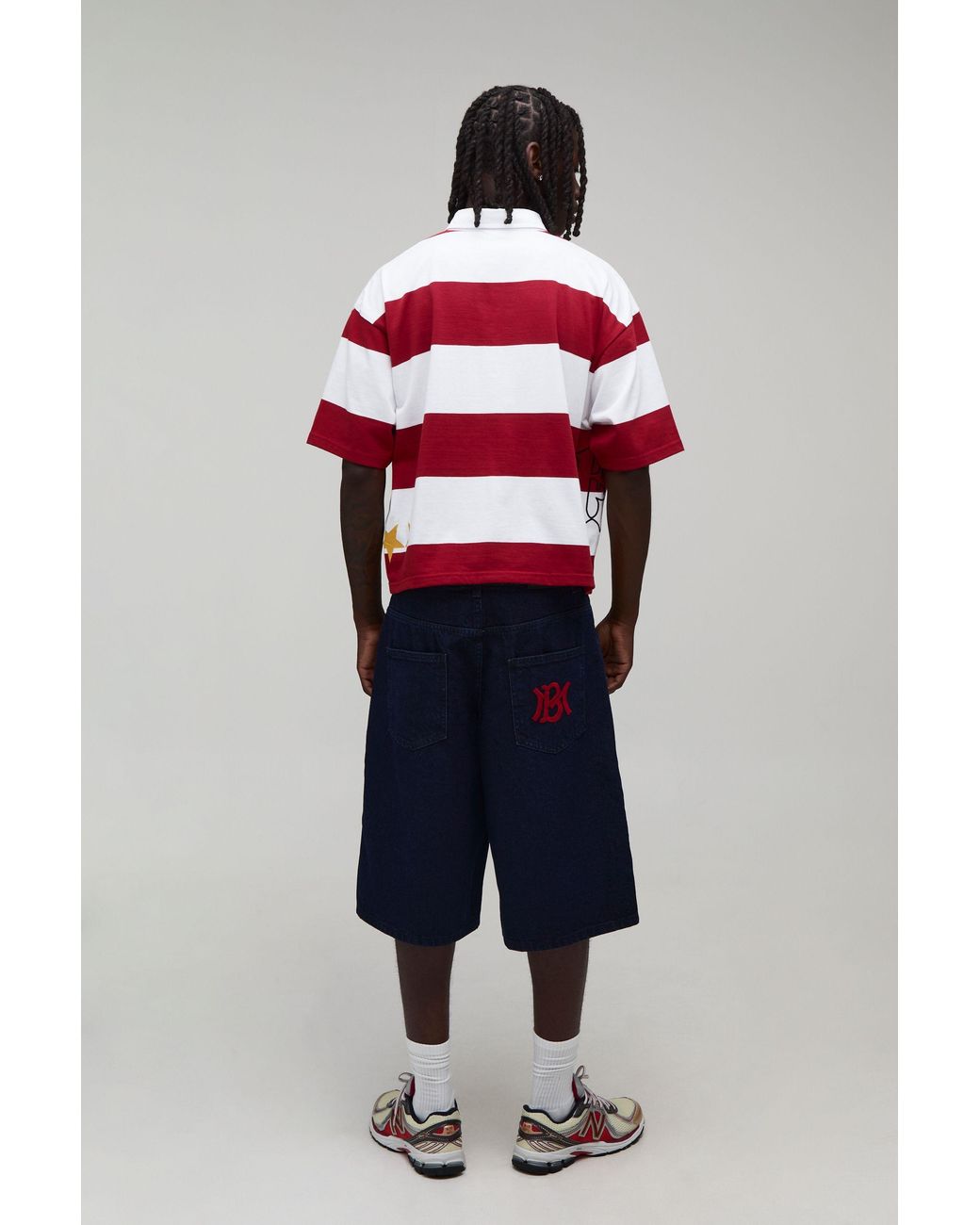 BoohooMAN Red Oversized Boxy Shrunken Half Sleeve Applique Stripe Rugby Polo for men