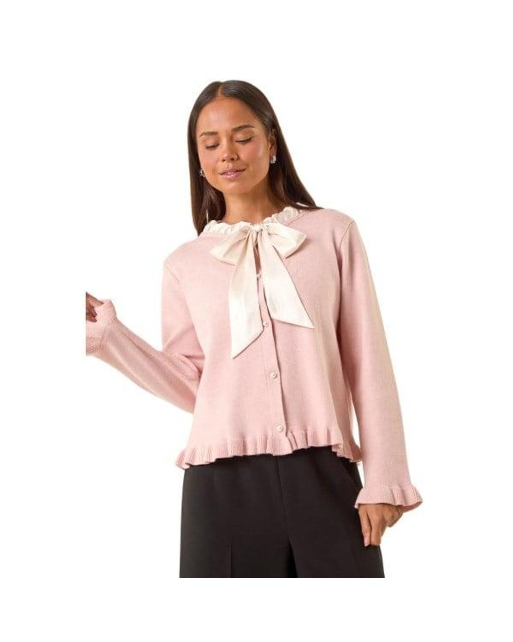 Roman Pink Petite Tie Neck Frill Hem Cardigan