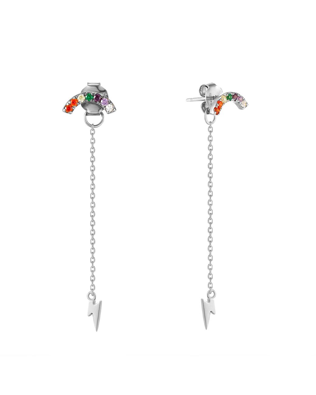 SEOL + GOLD White Sterling Cz Stud Earrings With Lightning Bolt Chain