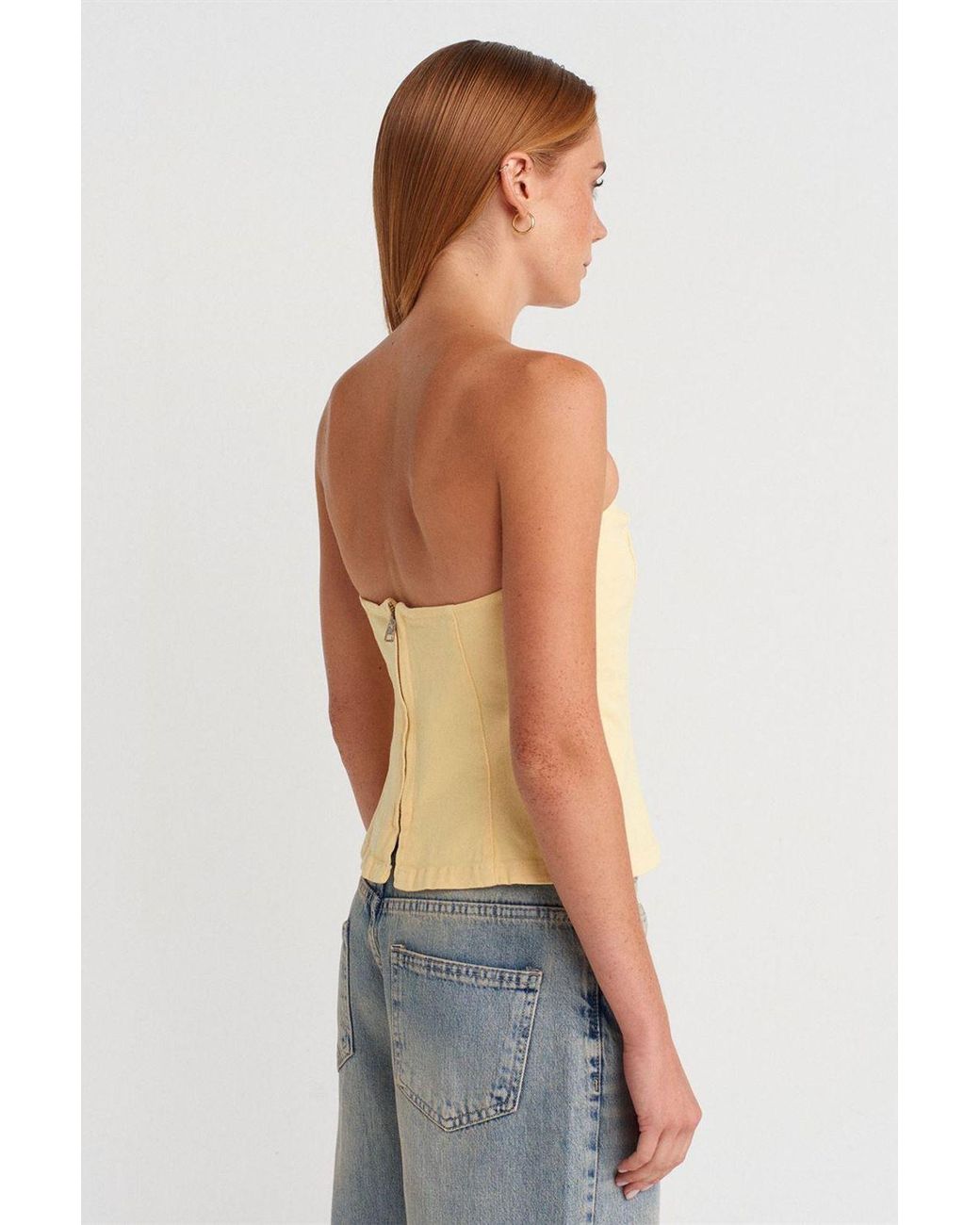 Dilvin Strapless Getailleerde Peplum Blouse in het Yellow