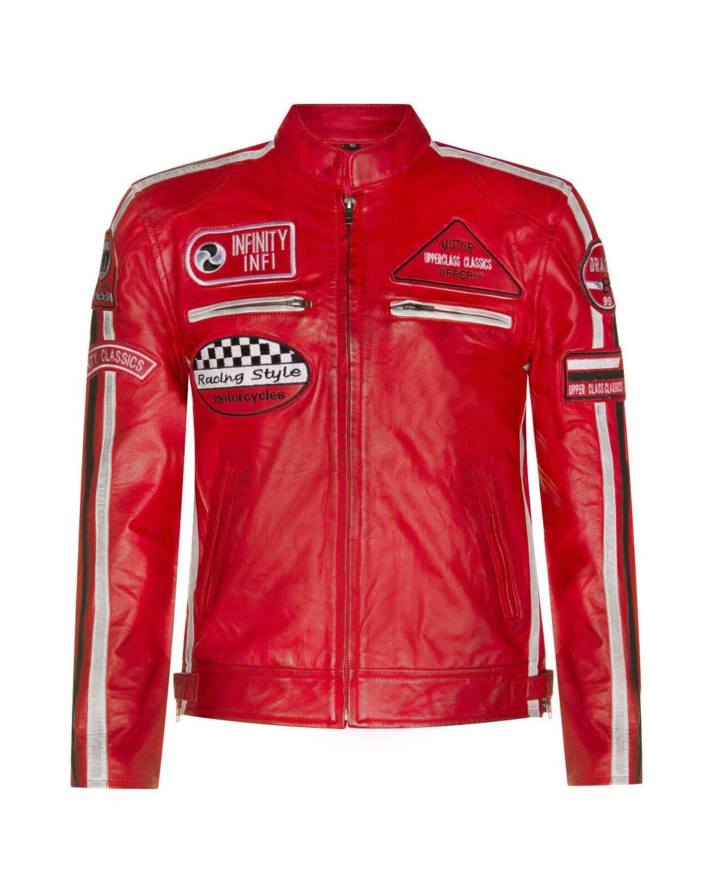 Infinity Leather Red Zipped Racing Biker Moto Jacket for men