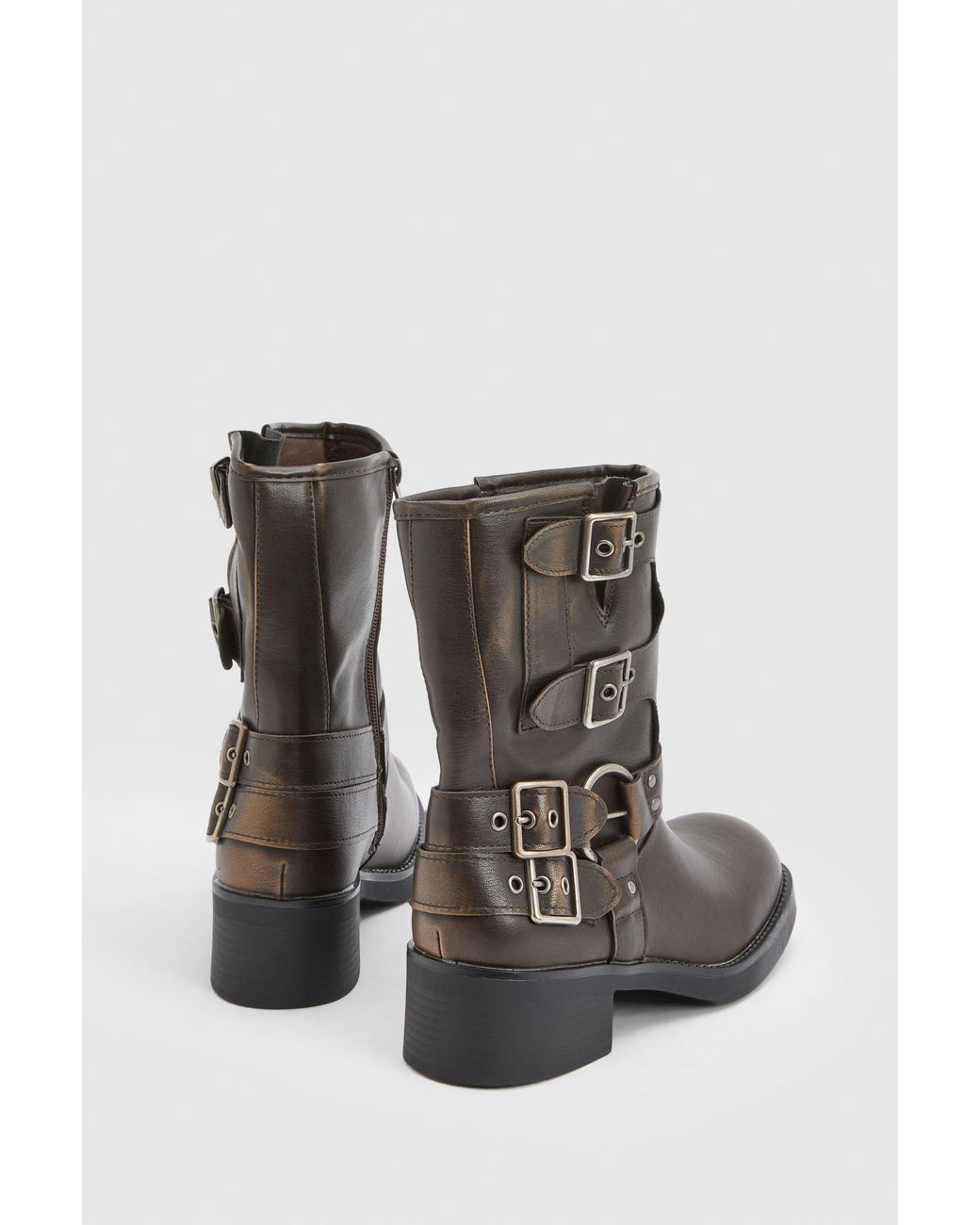 Faith Brown Seline Faux Leather Medium Block Heel Biker Boots