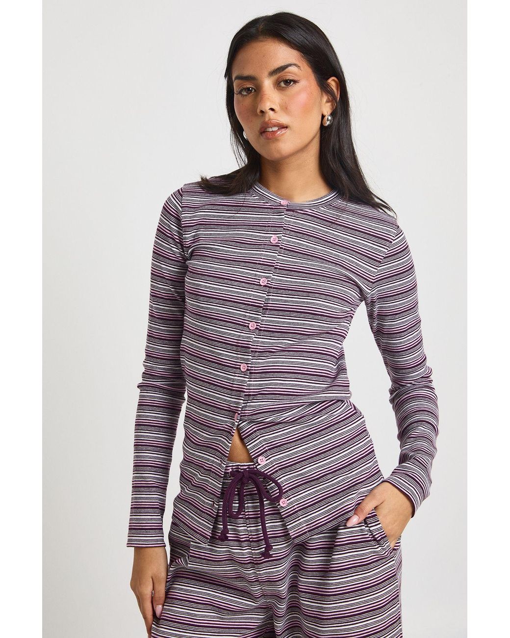Boohoo Purple Stripe Rib Button Through Long Sleeve Top