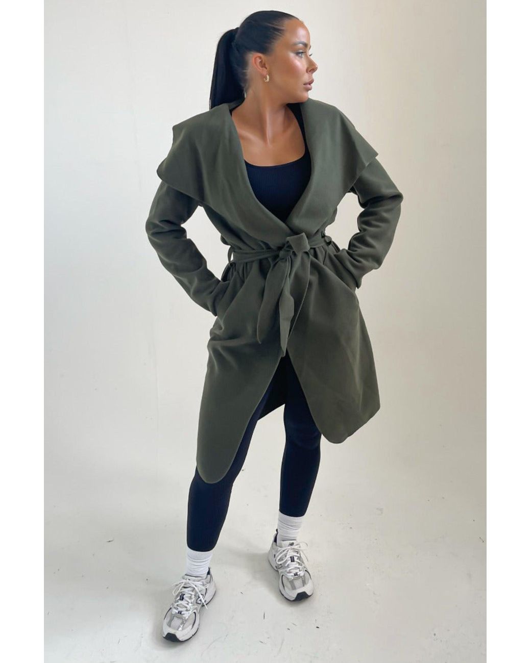 Femme Luxe Green Waterfall Duster Belted Long Coat