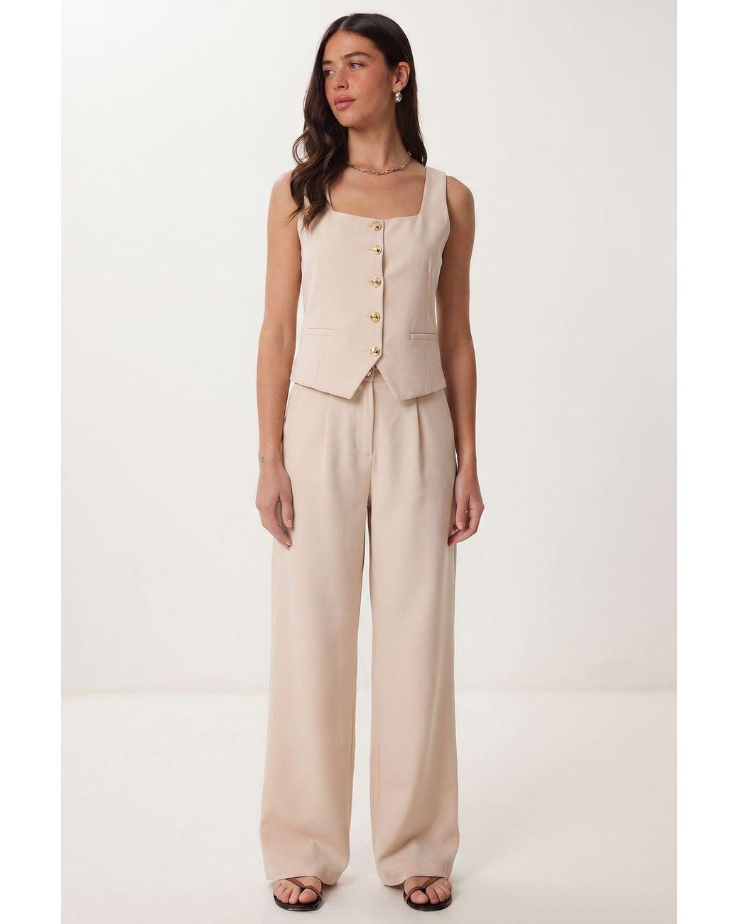 Happiness İstanbul Natural Two-Piece Vest And Wide-Leg Trouser Set