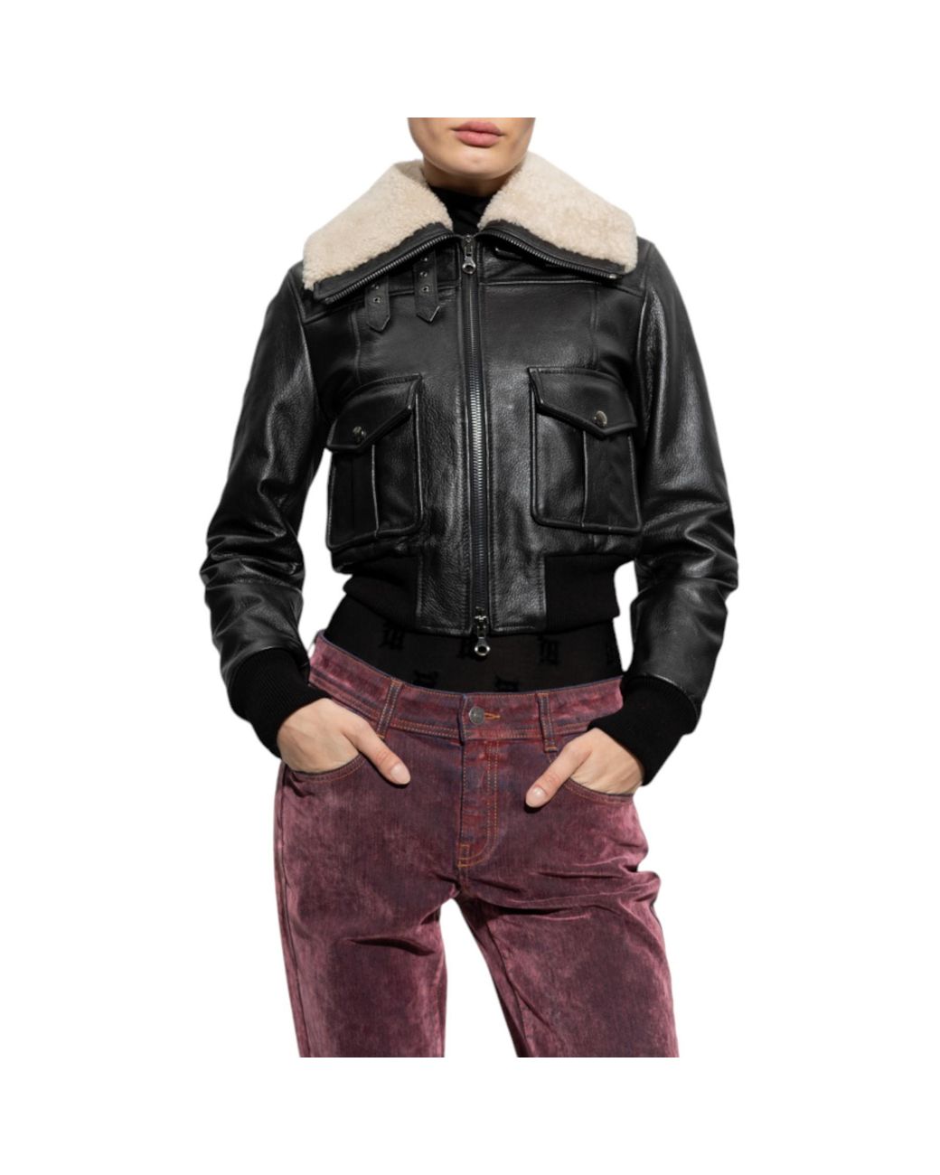 DIESEL Black L-Isek Leather Jacket Fur Collared Coat Winter Biker