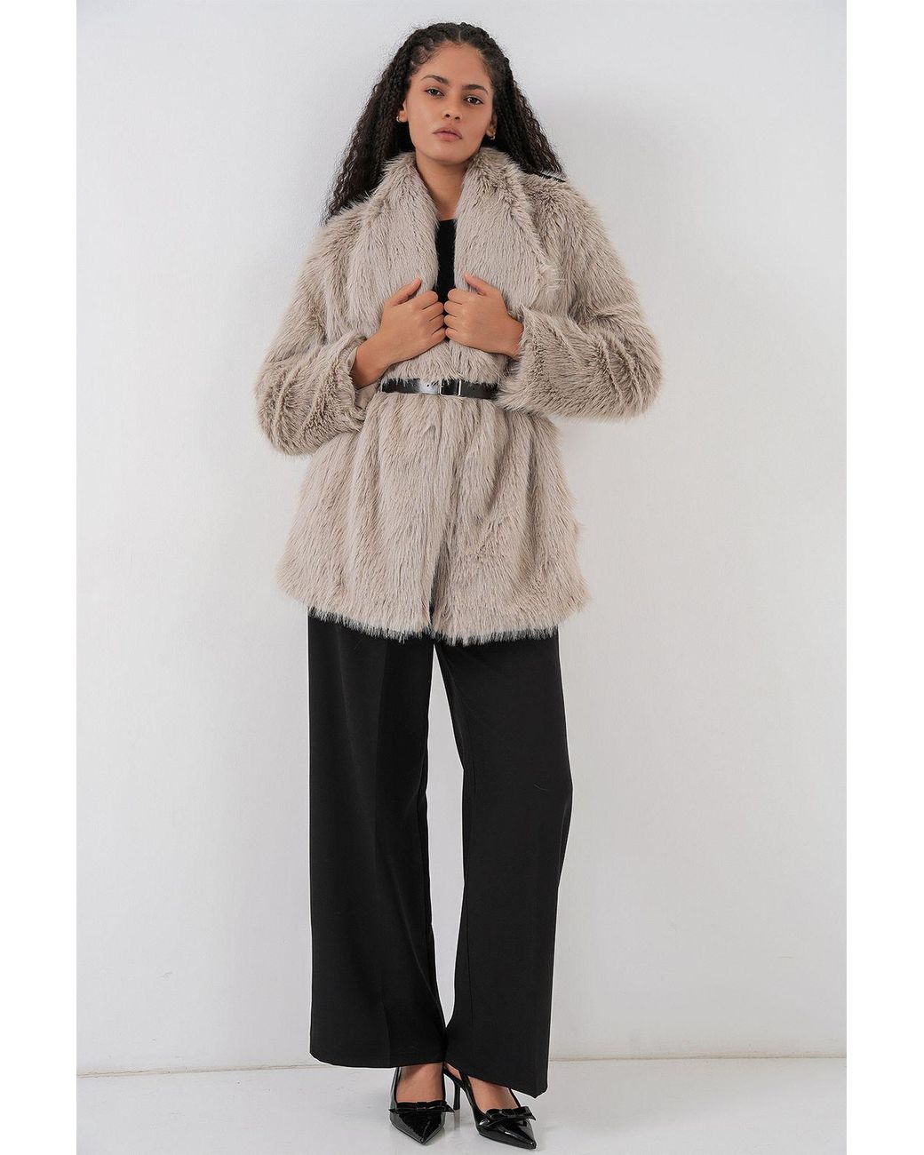 Bigdart Natural Long Oversized Faux Fur Coat With Belt