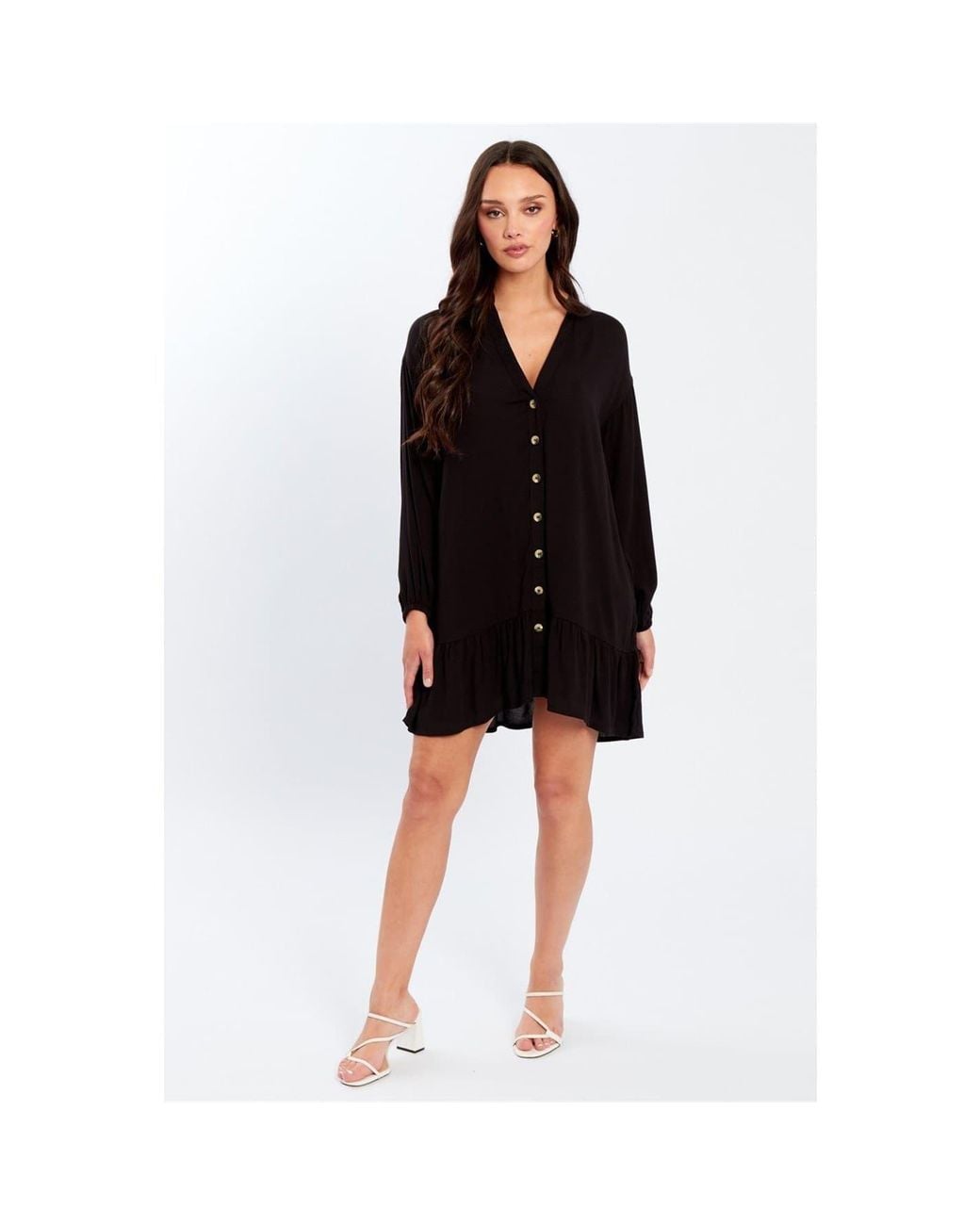 Influence Black Mini V-Neck Long Sleeve Dress