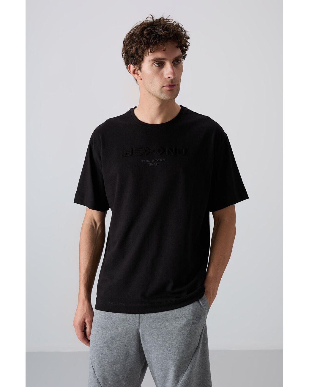 TOMMY LIFE Black Oversized Cotton- Logo T-Shirt for men