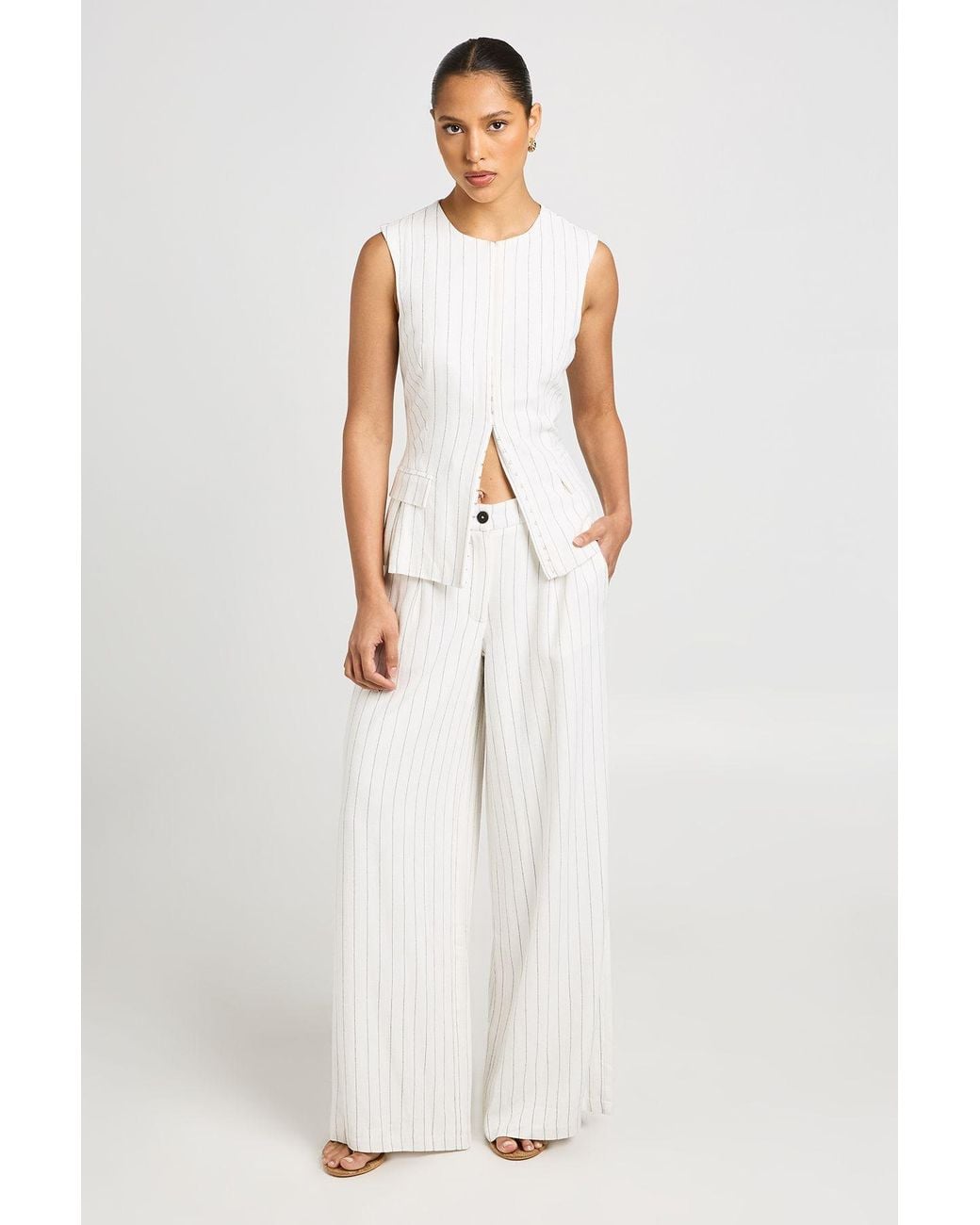 Boohoo White Stripe Linen Look Pleated Wide Leg Tailored Trousers