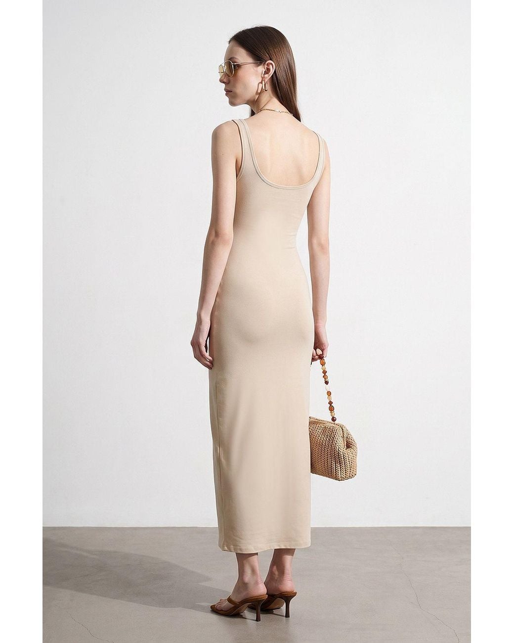 Dilvin Natural Sleeveless Bodycon Midi Dress