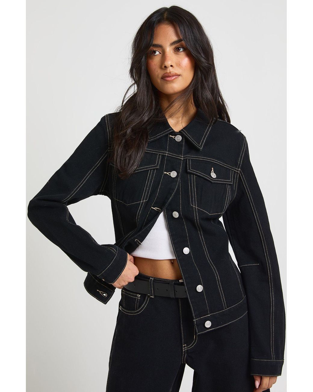 Boohoo Black Cinched Waist Denim Jacket