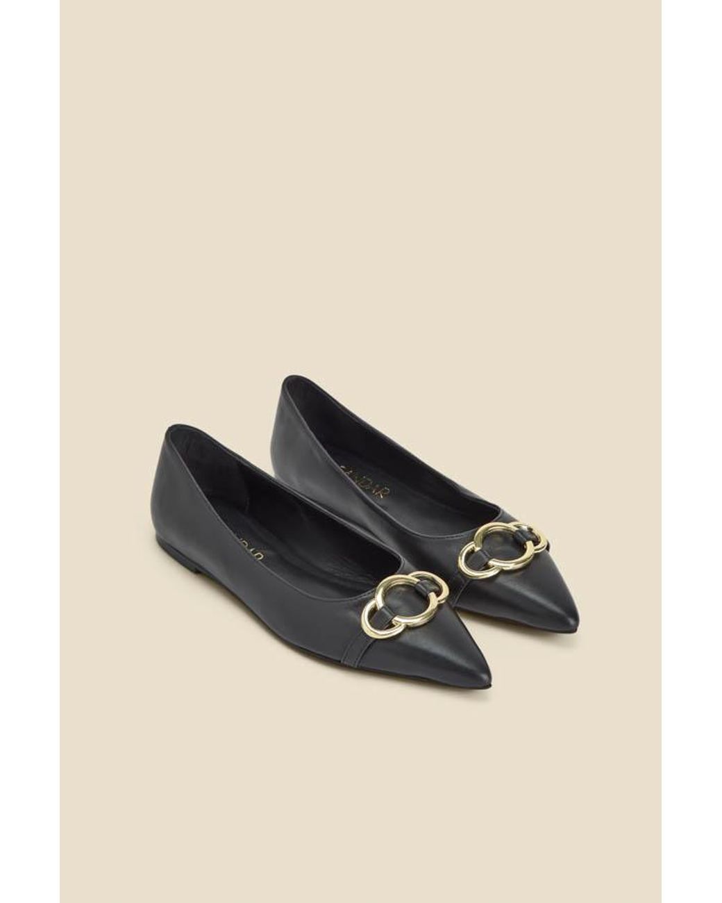 Sosandar Black Leather Pointed Toe Flat Shoe With Trim