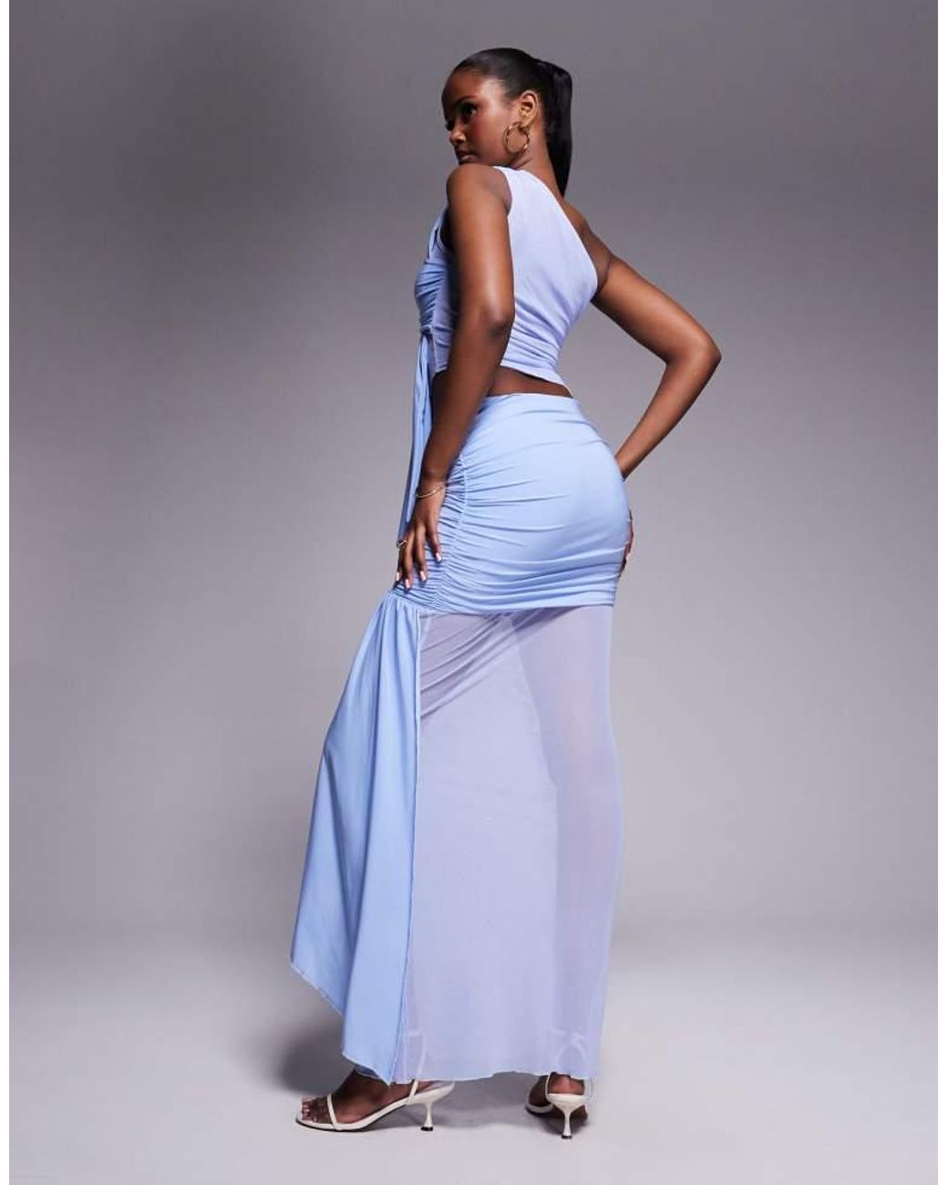 Kaiia Purple Exclusive Double Layered Slinky Mesh Drape Detail Sheer Hem Maxi Skirt Co-Ord