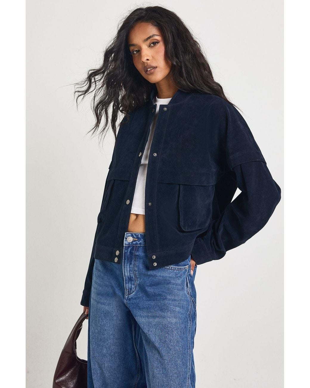 Boohoo Blue Boxy Suede Bomber Jacket